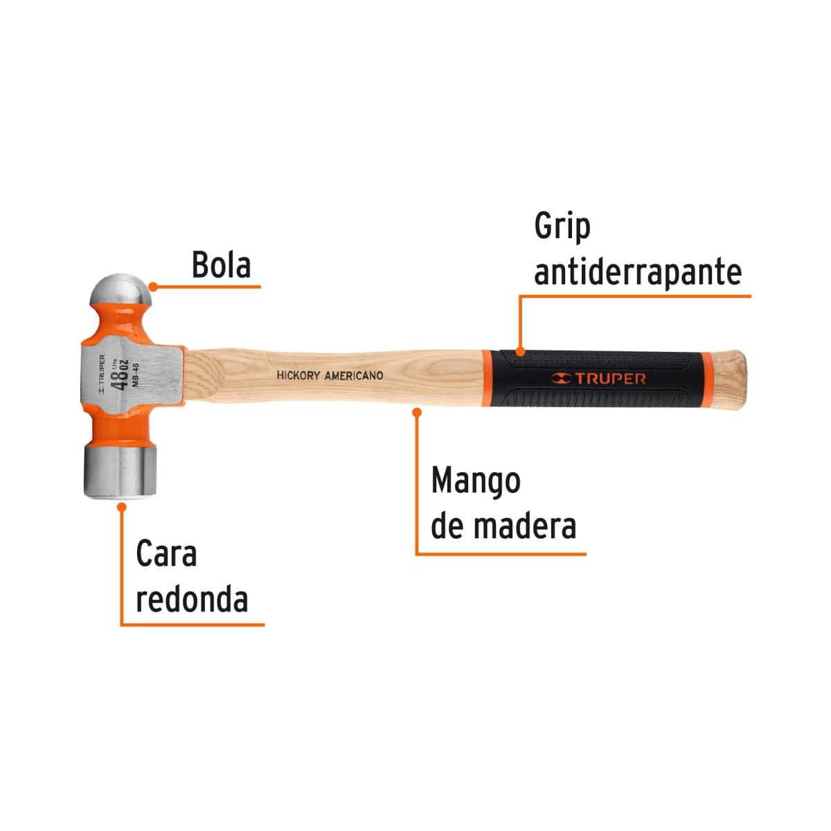 Martillo pulido de bola 48 oz mango hickory Truper grip2