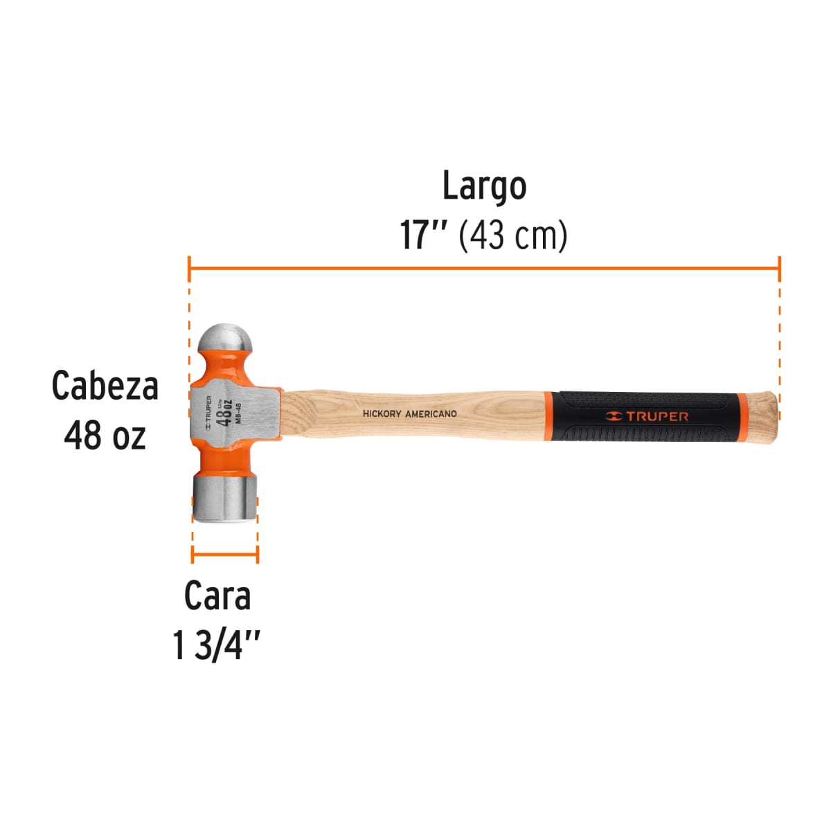 Martillo pulido de bola 48 oz mango hickory Truper grip3