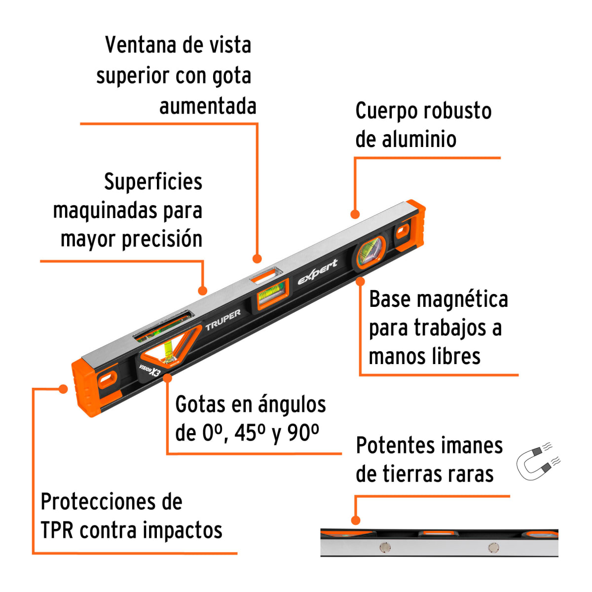 Nivel de 18'' magnético con protección de tpr Truper Expert3