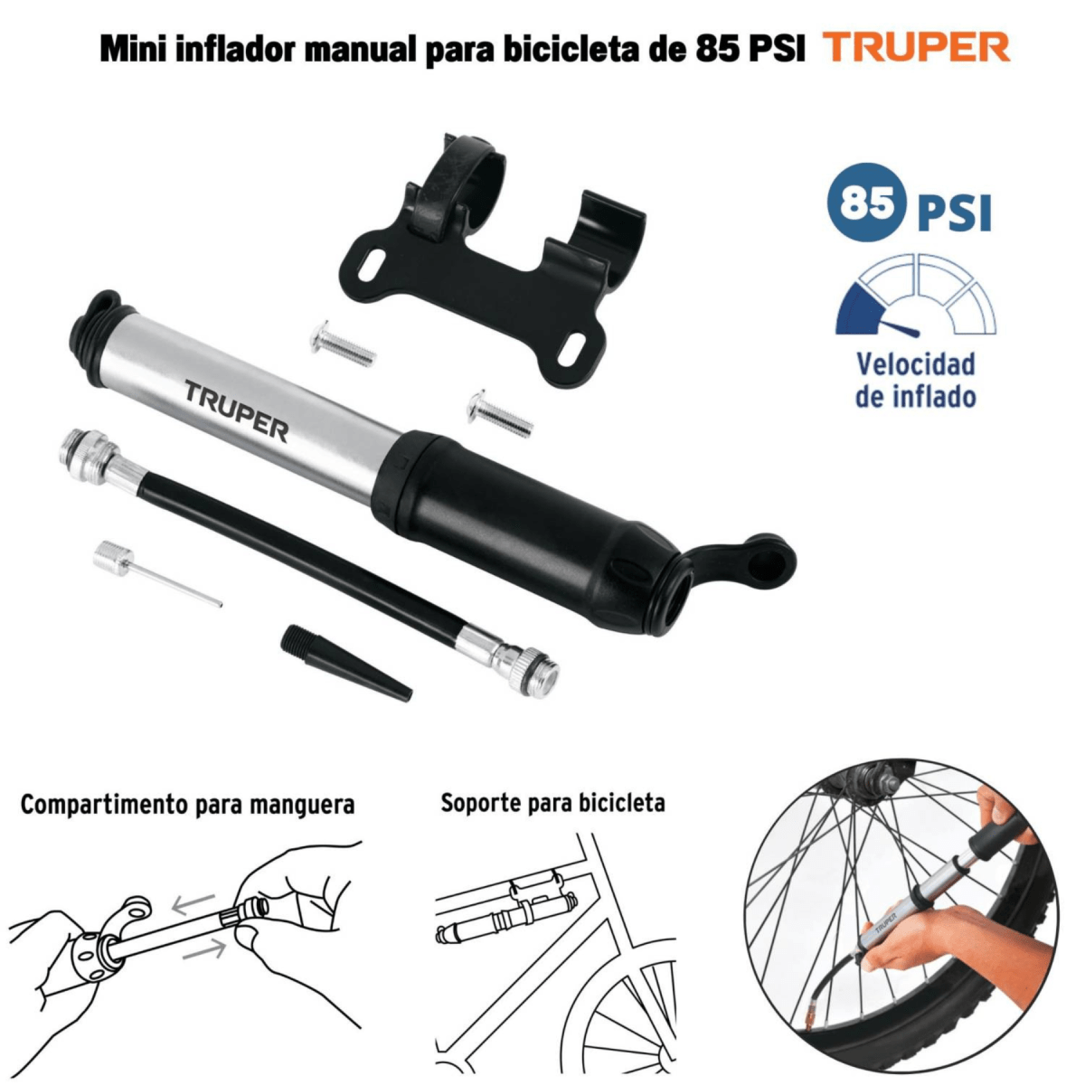 Combo Candado cadena para bicicleta con Mini Inflador 75 Psi Truper3