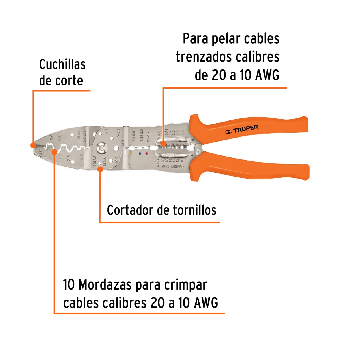 Pinza pela cable 20 a 10 AWG Truper2