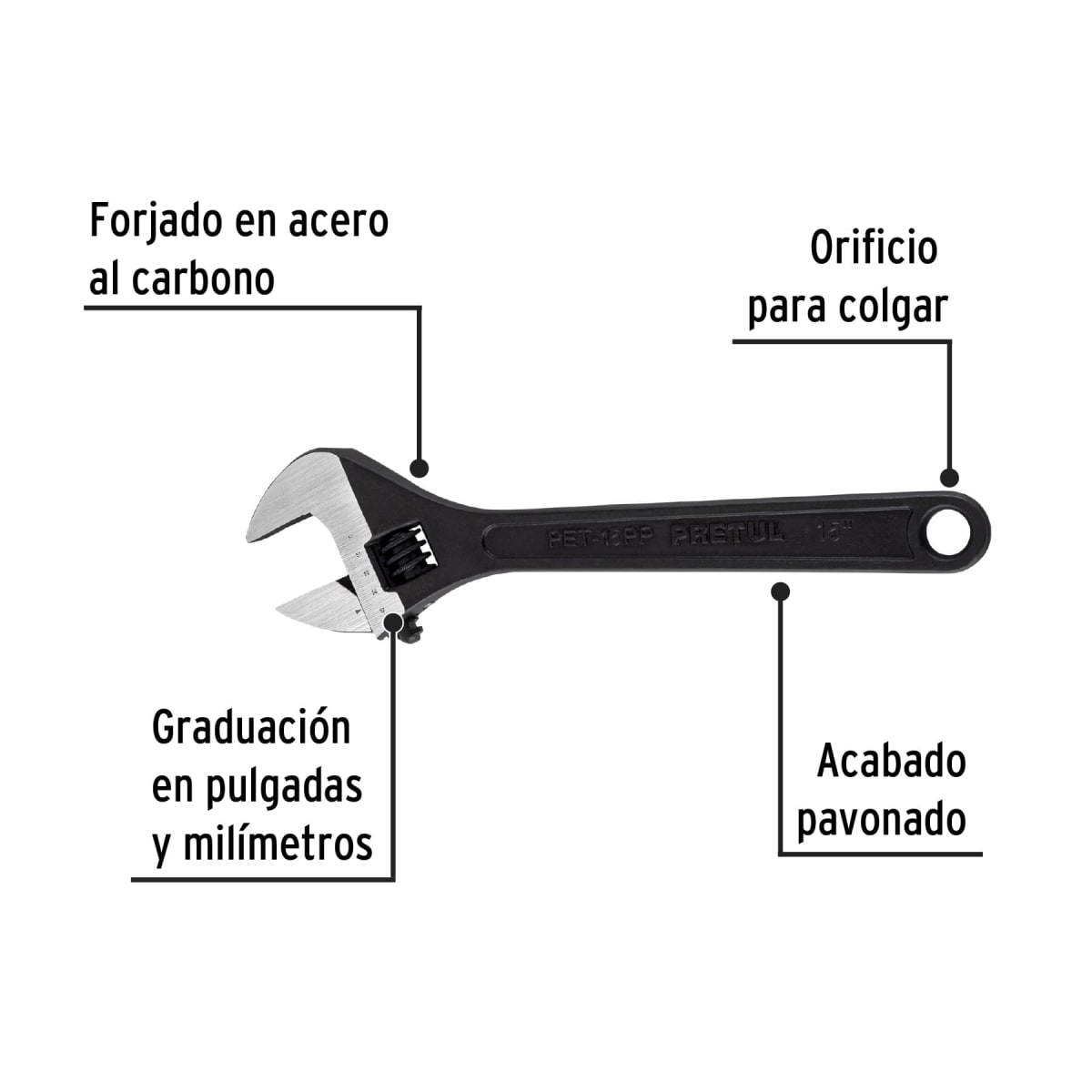 Llave ajustable (perico), pavonado 15´´ Pretul2
