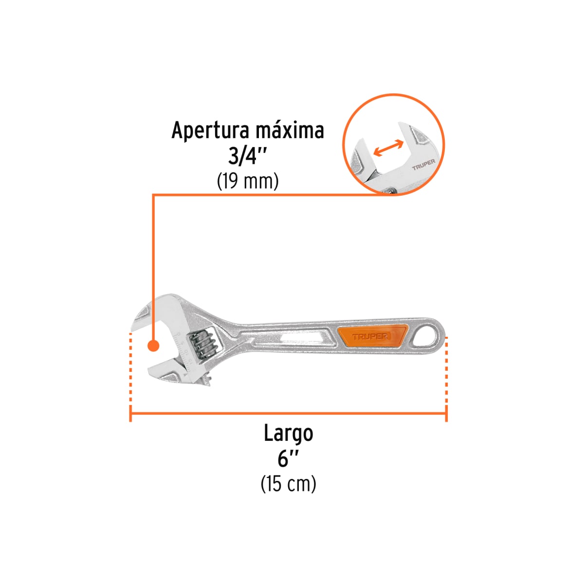 Llave francesa 6´´ cromada mango de PVC, Truper3