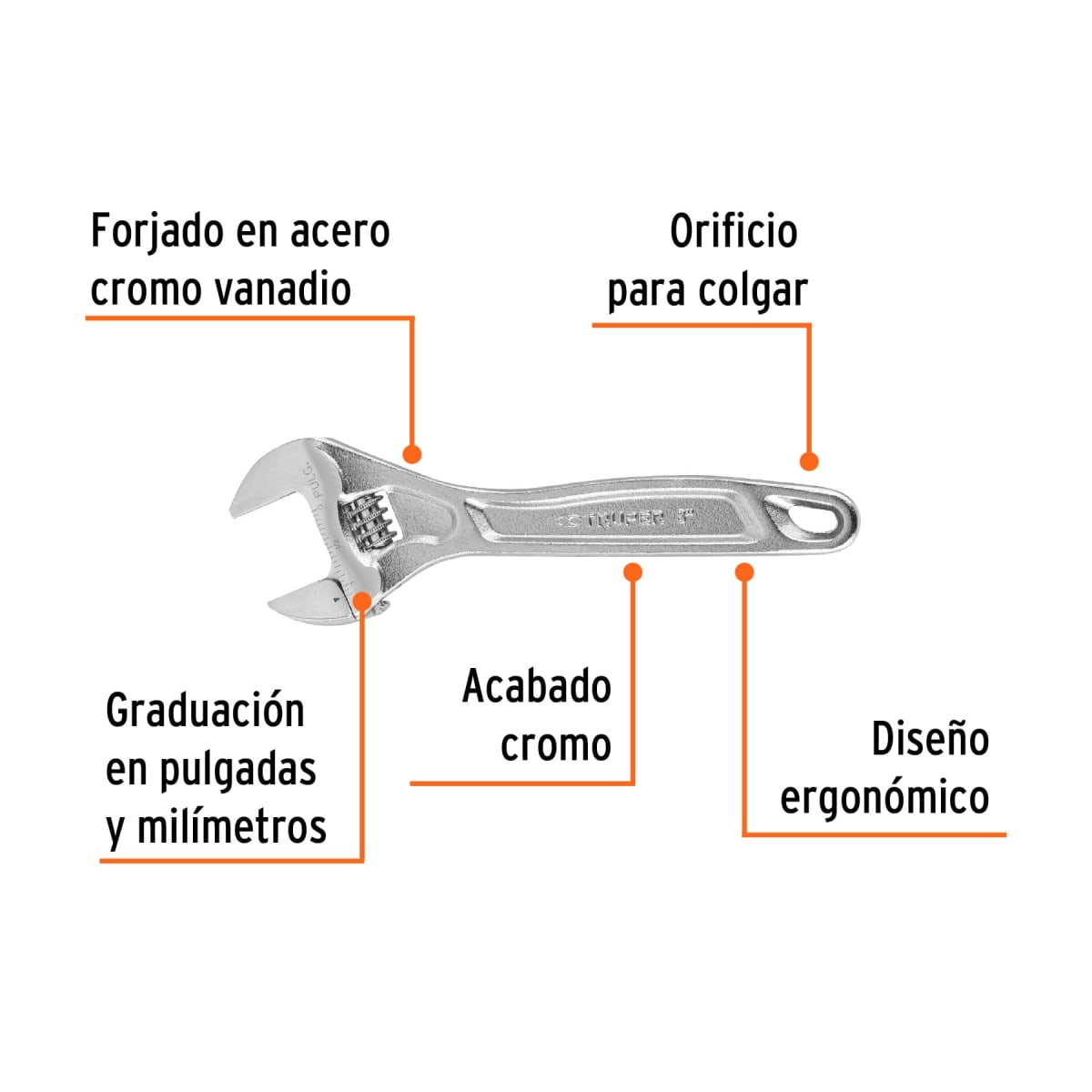 Llave francesa 8'' profesional cromada Truper expert2