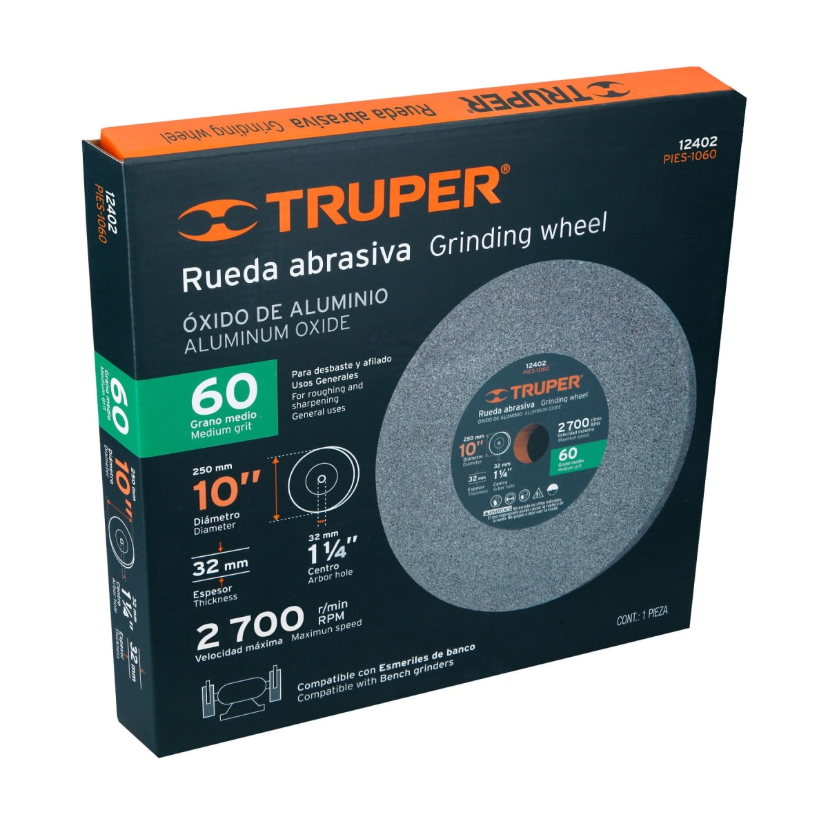 Piedra para amoladora de banco 10 X 1-1/4´´, óxido de aluminio, grano 60 Truper4