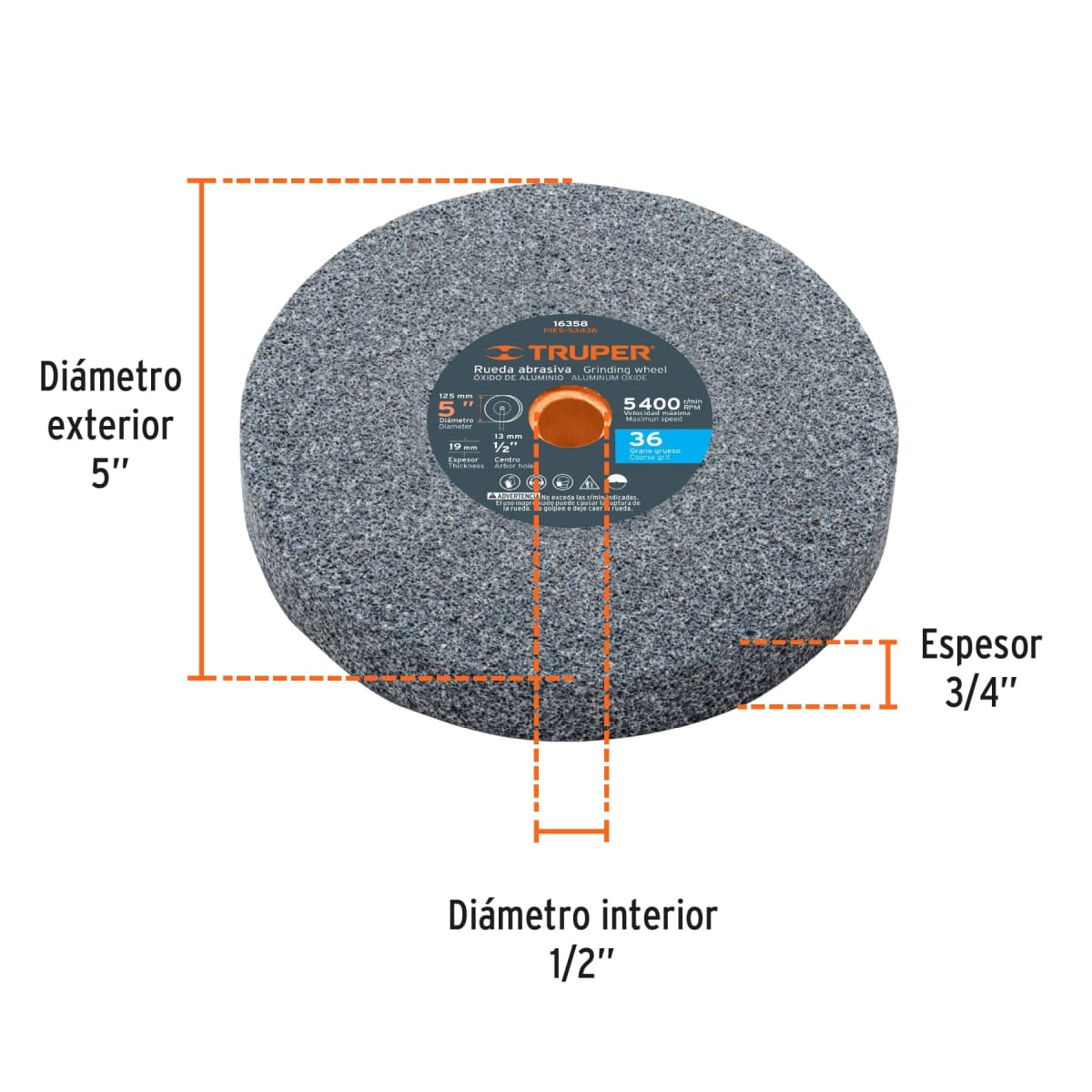 Piedra para amoladora de banco 5 X 3/4´´ óxido de aluminio, grano 36 Truper2