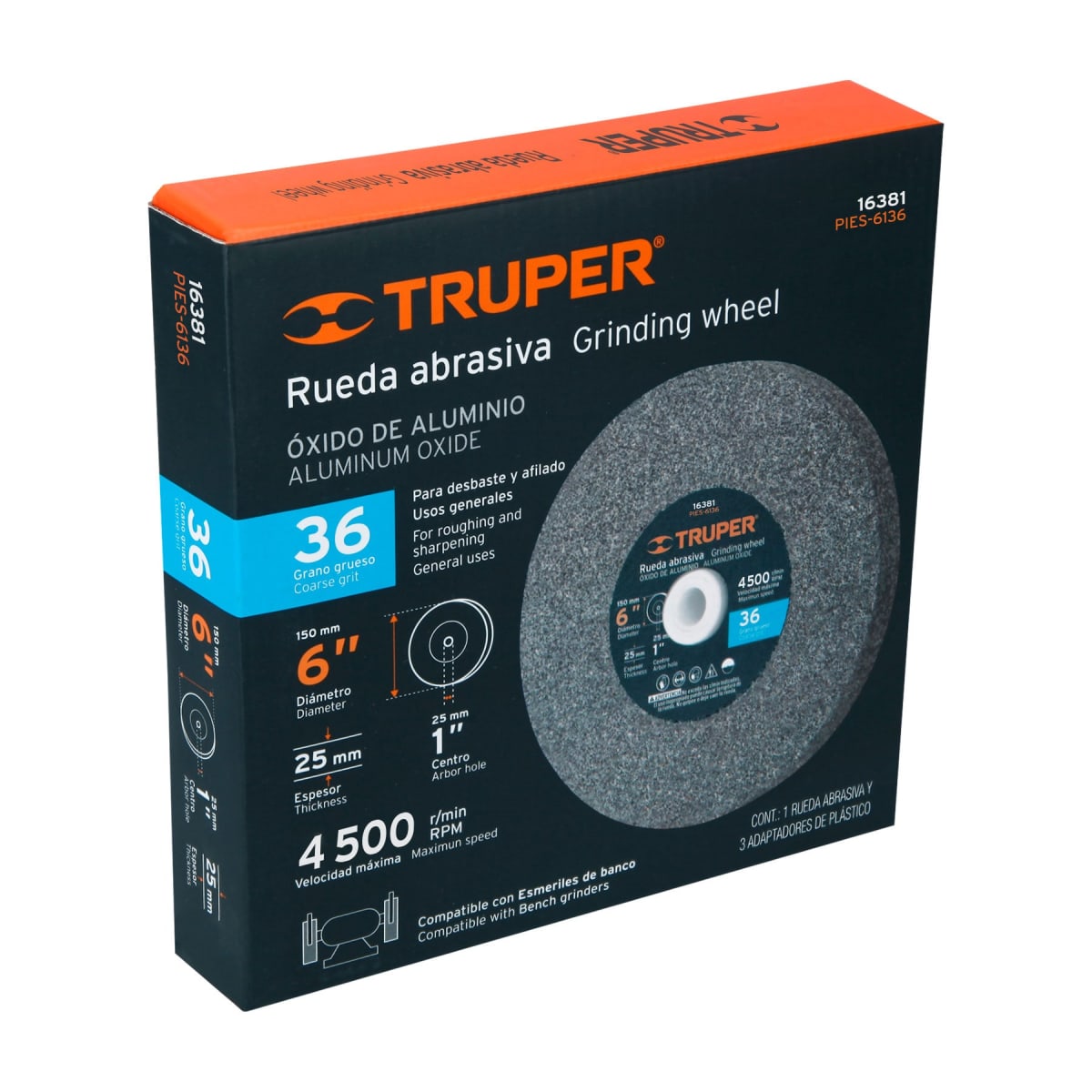 Piedra para amoladora de banco 6 X 1´´ óxido de aluminio, grano 36 Truper4