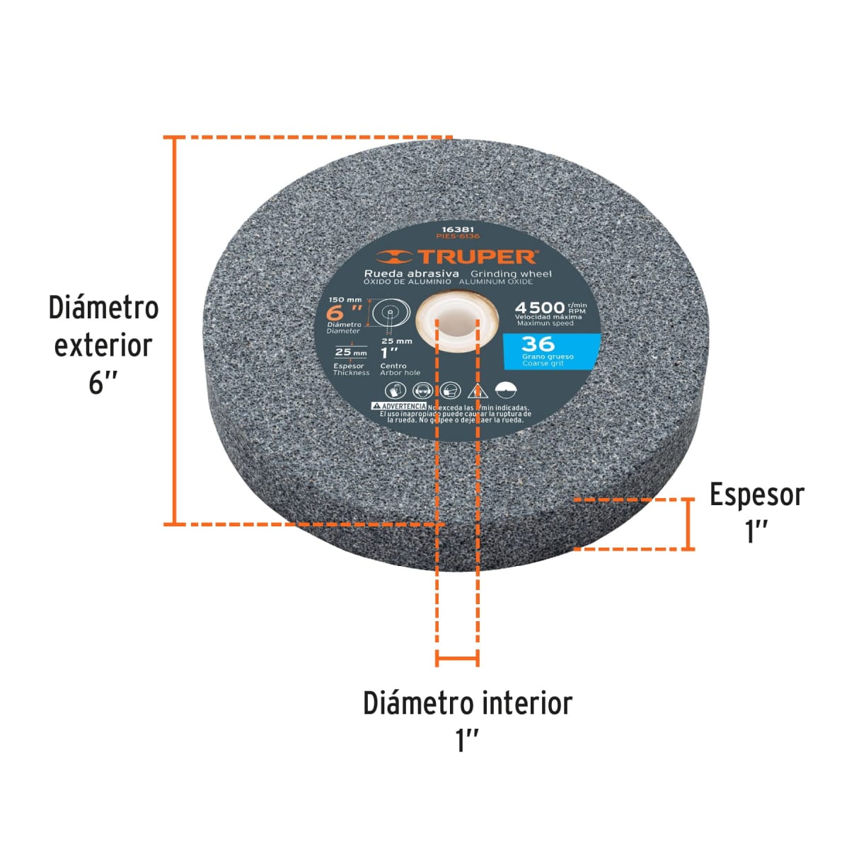 Piedra para amoladora de banco 6 X 1´´ óxido de aluminio, grano 36 Truper2