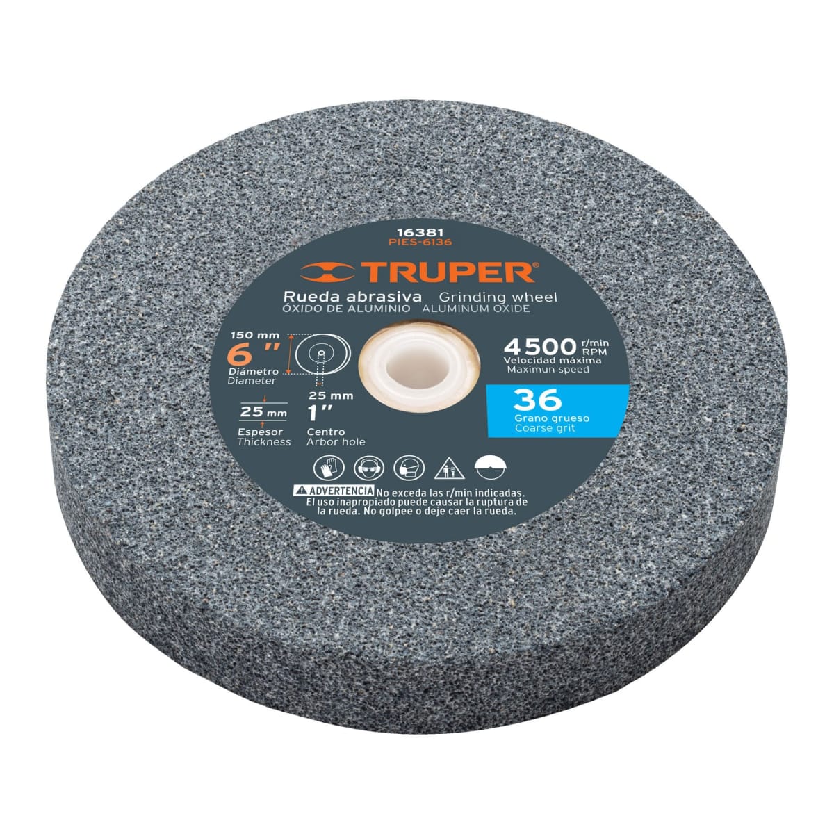 Piedra para amoladora de banco 6 X 1´´ óxido de aluminio, grano 36 Truper1