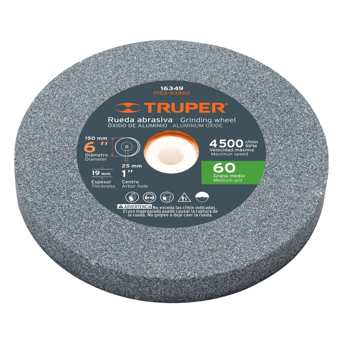 Piedra para amoladora de banco 6 x 3/4'' óxido de aluminio grano 60 Truper1