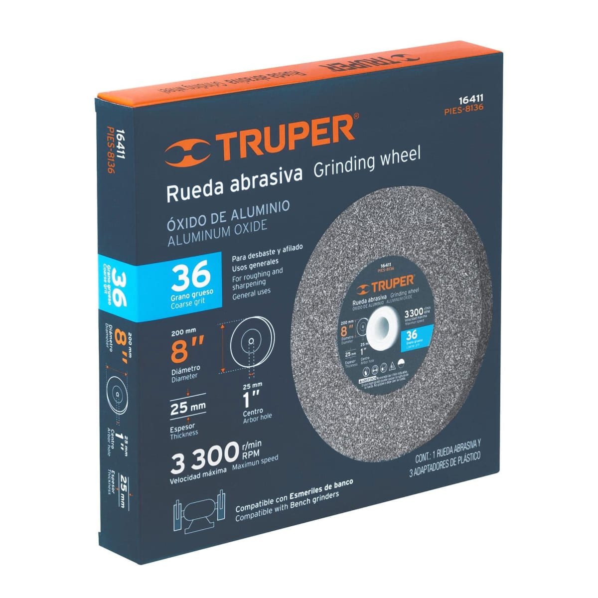 Piedra para amoladora de banco 8 X 1´´ óxido de aluminio, grano 36 Truper4