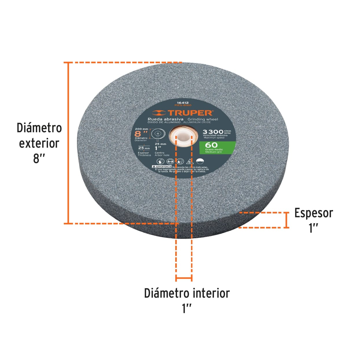 Piedra para amoladora de banco 8 X 1´´ óxido de aluminio, grano 60 Truper2