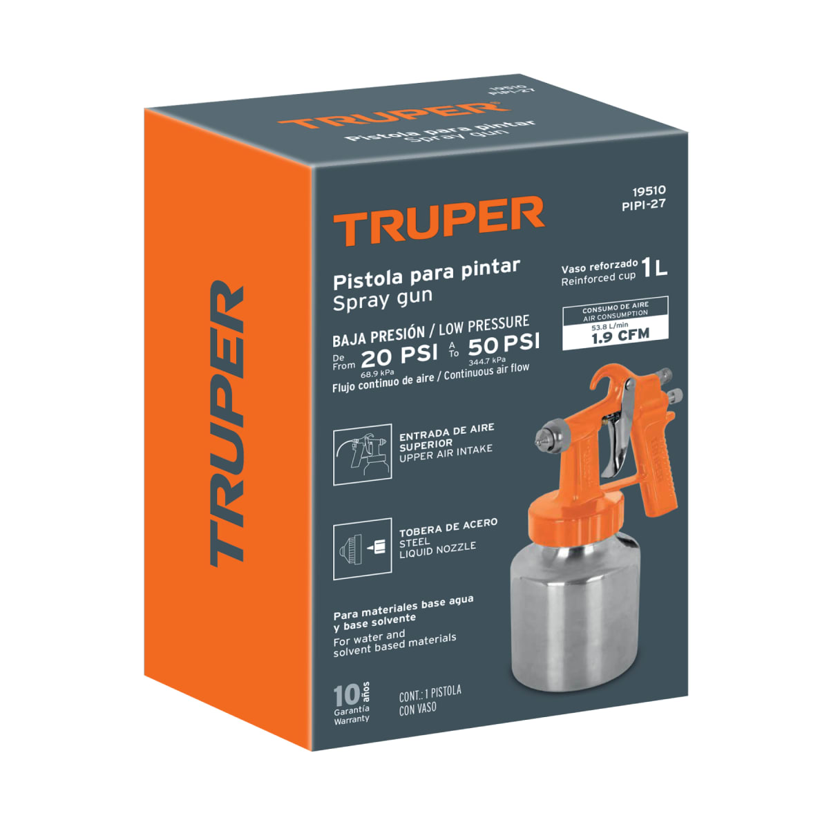 Pistola p/pintar baja presión naranja entrada superior Truper5