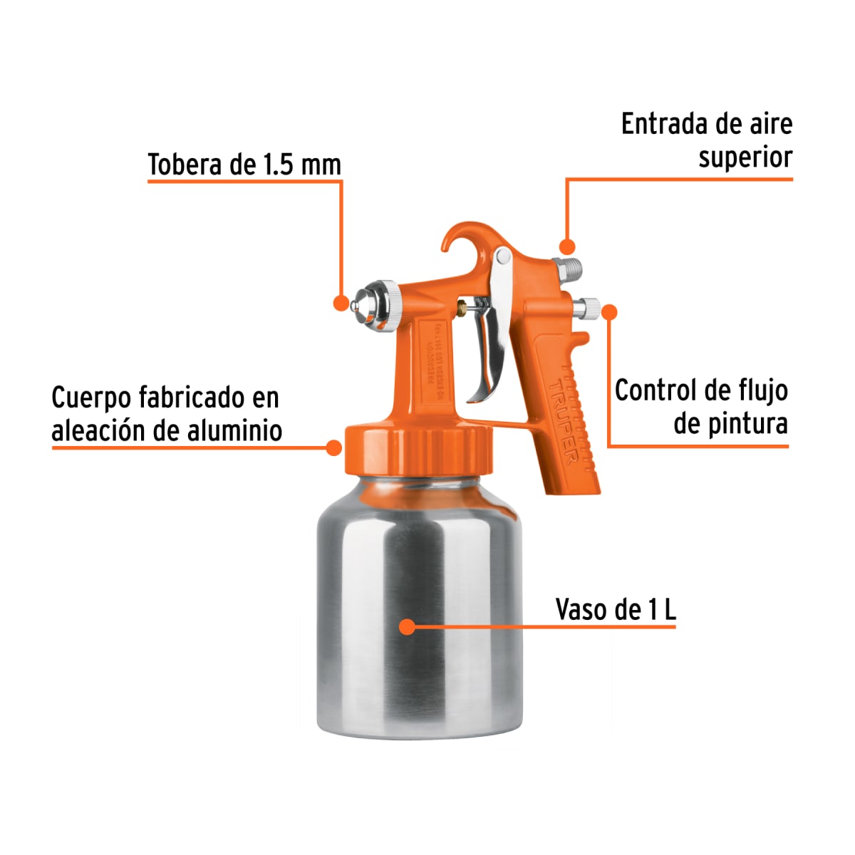 Pistola p/pintar baja presión naranja entrada superior Truper4