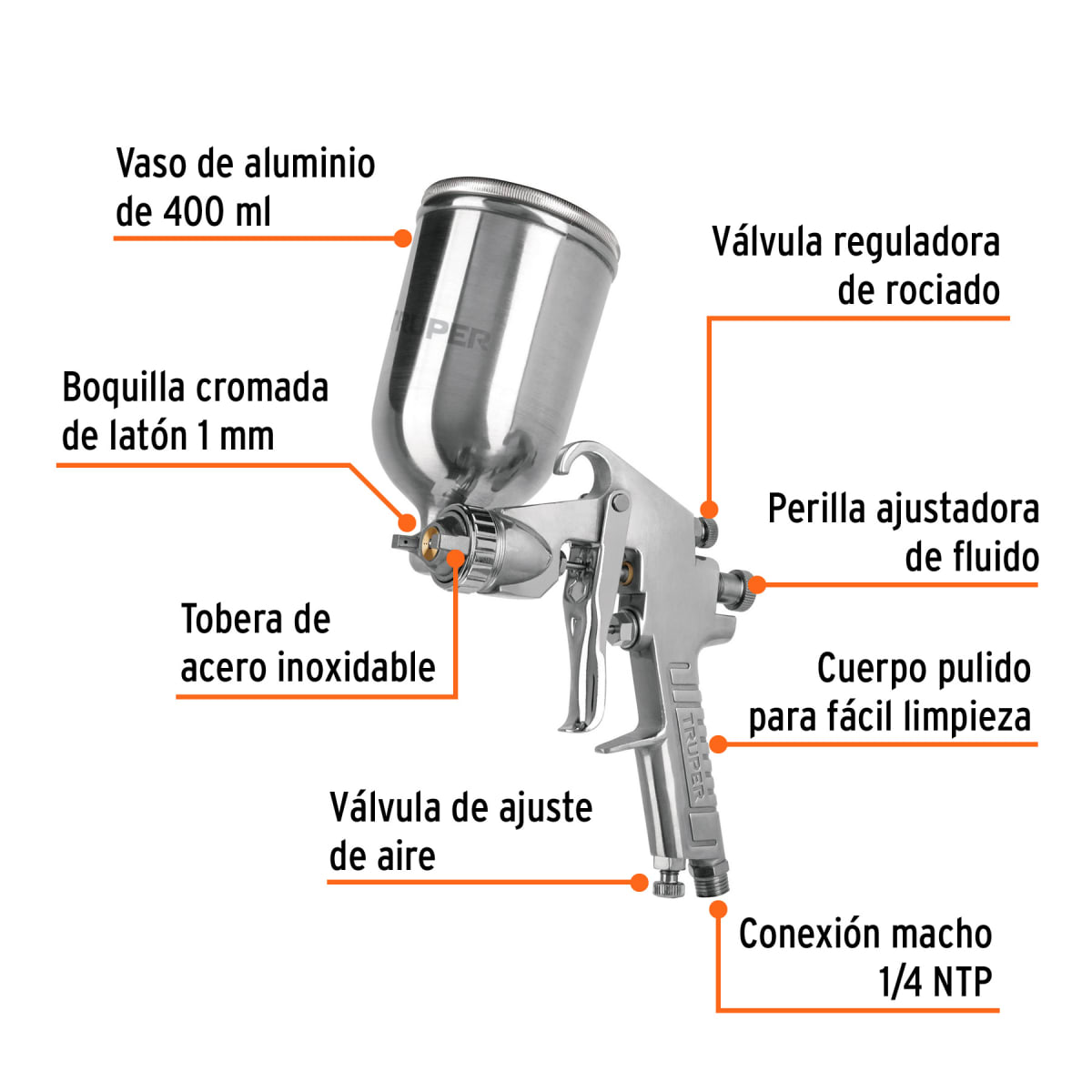 Pistola para pintar de gravedad boquilla 1mm y manguera de 5m Truper6