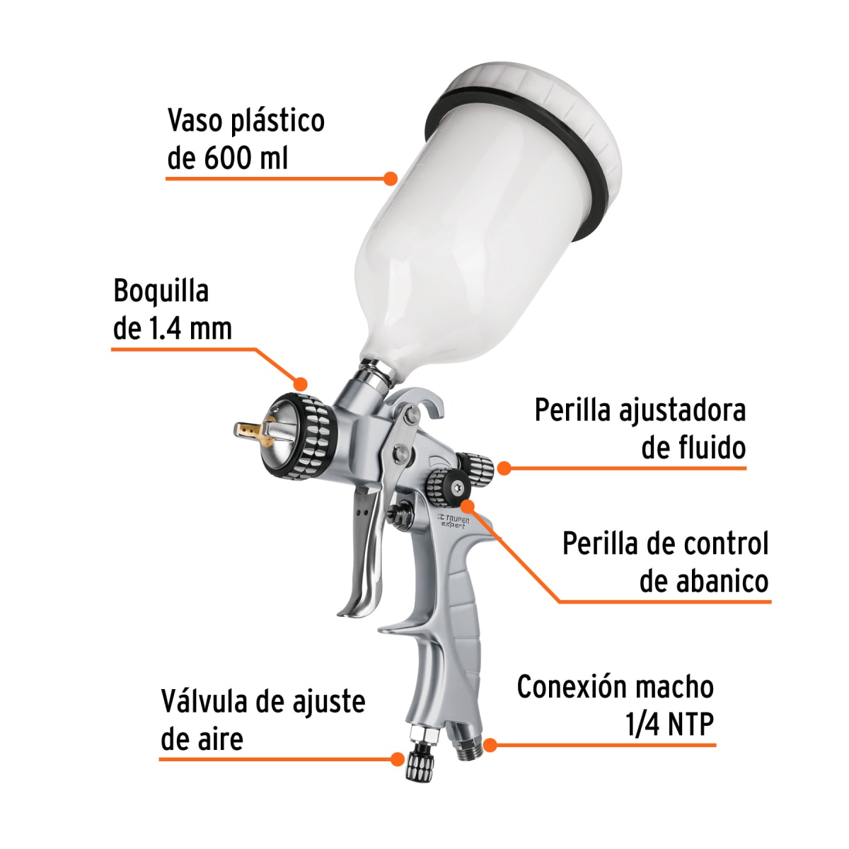 Pistola p/pintar gravedad HVLP,vaso plástico, 1.4 mm, Expert Truper2