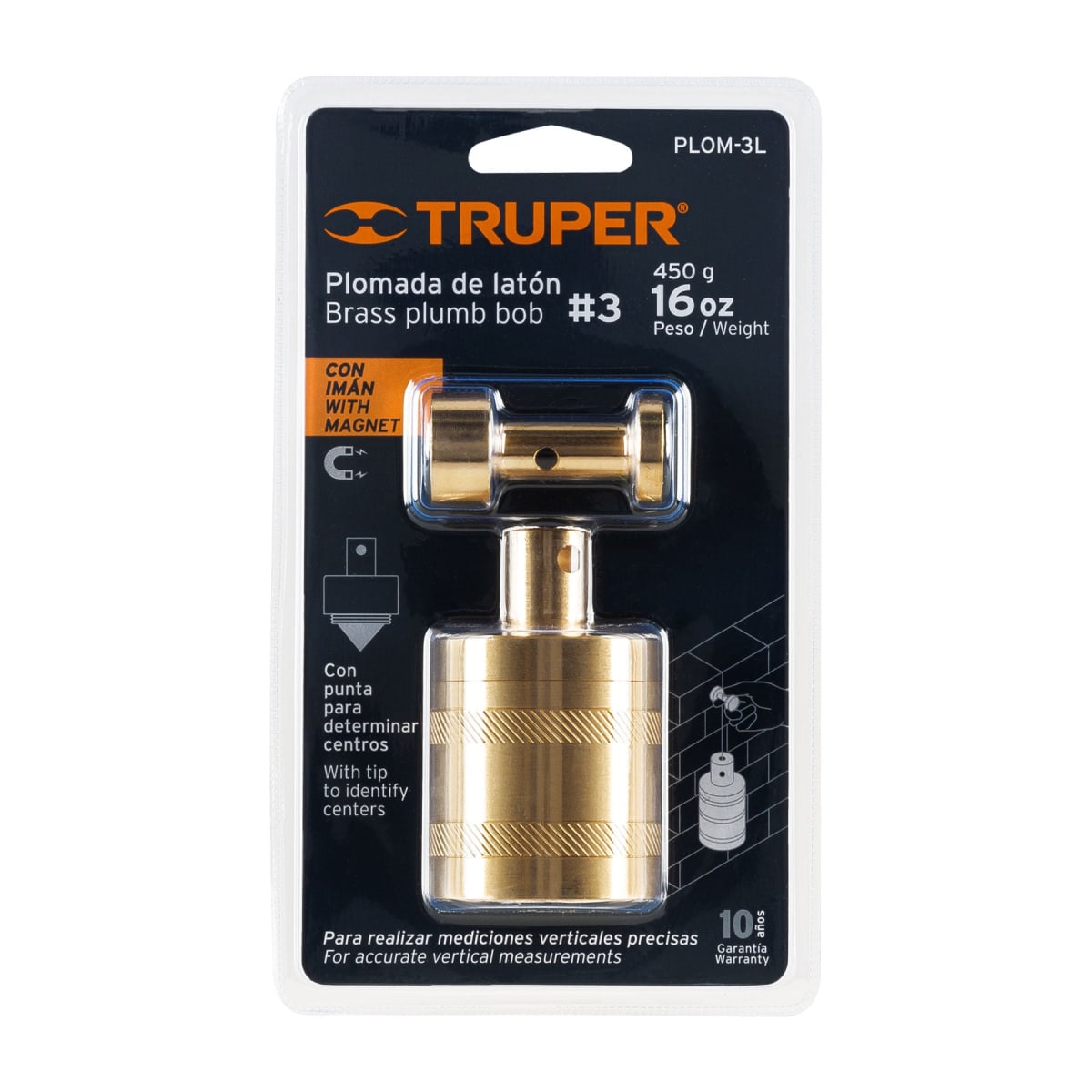 Plomada de latón con centro y guía magnética 450 gramos (16oz) Truper4