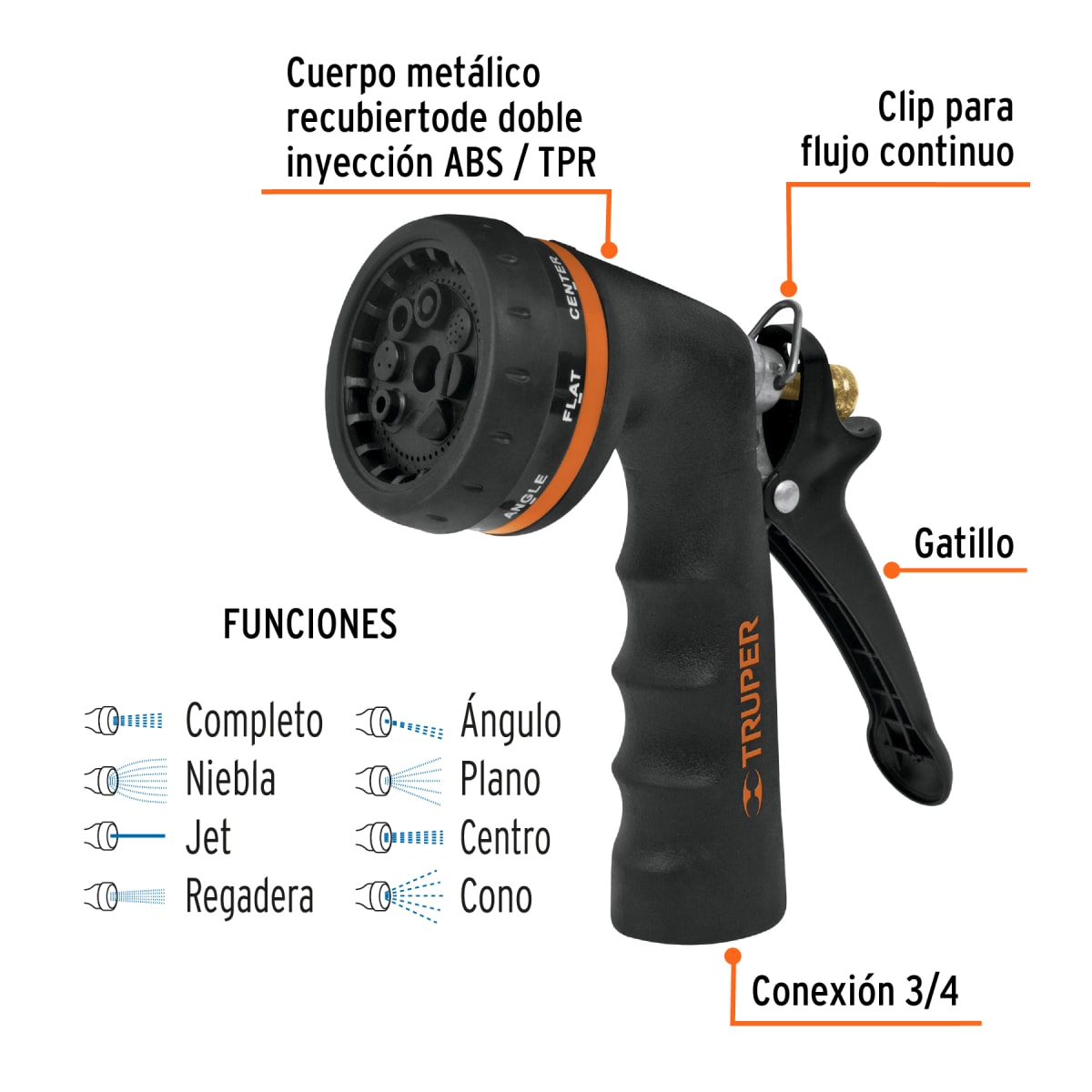 Pistola para riego de 8 funciones metálica con recubrimiento Truper2