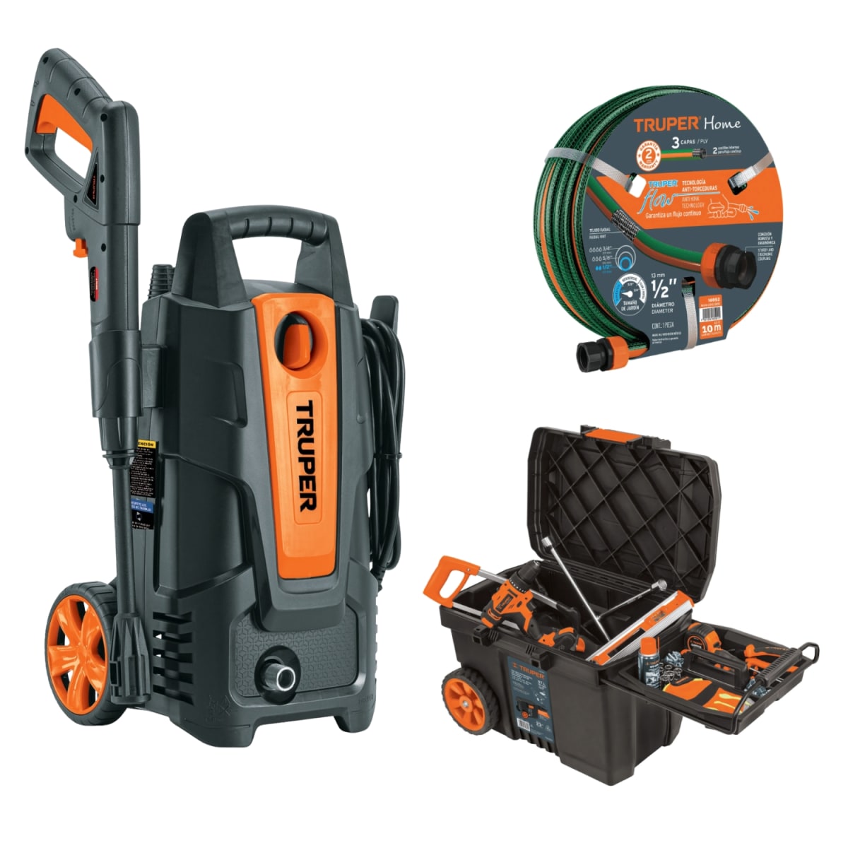 Hidrolavadora + manguera 10m con caja de herramientas con ruedas Truper1