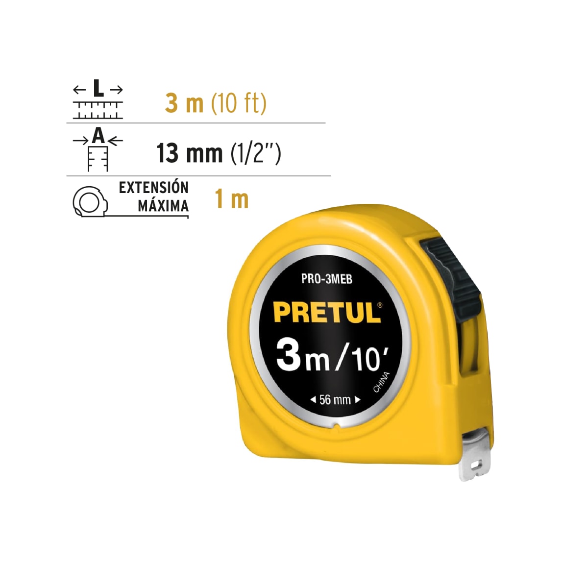 Wincha amarilla 3 m cinta 13 mm. en tarjeta. pretul3