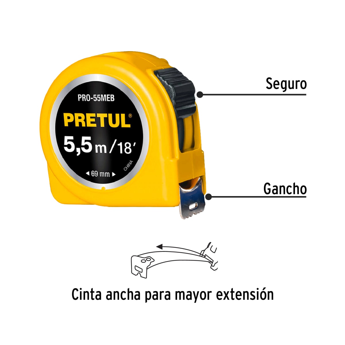 Wincha amarillo,5.5m,cinta 19mm, Pretul,tarjeta plástica2