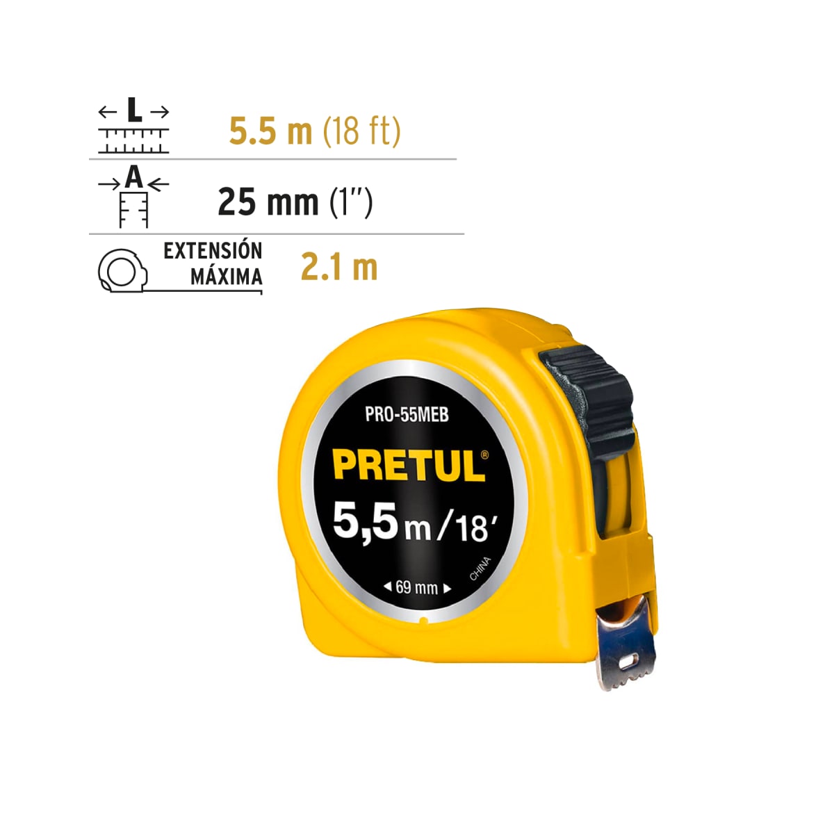 Wincha amarillo,5.5m,cinta 19mm, Pretul,tarjeta plástica3