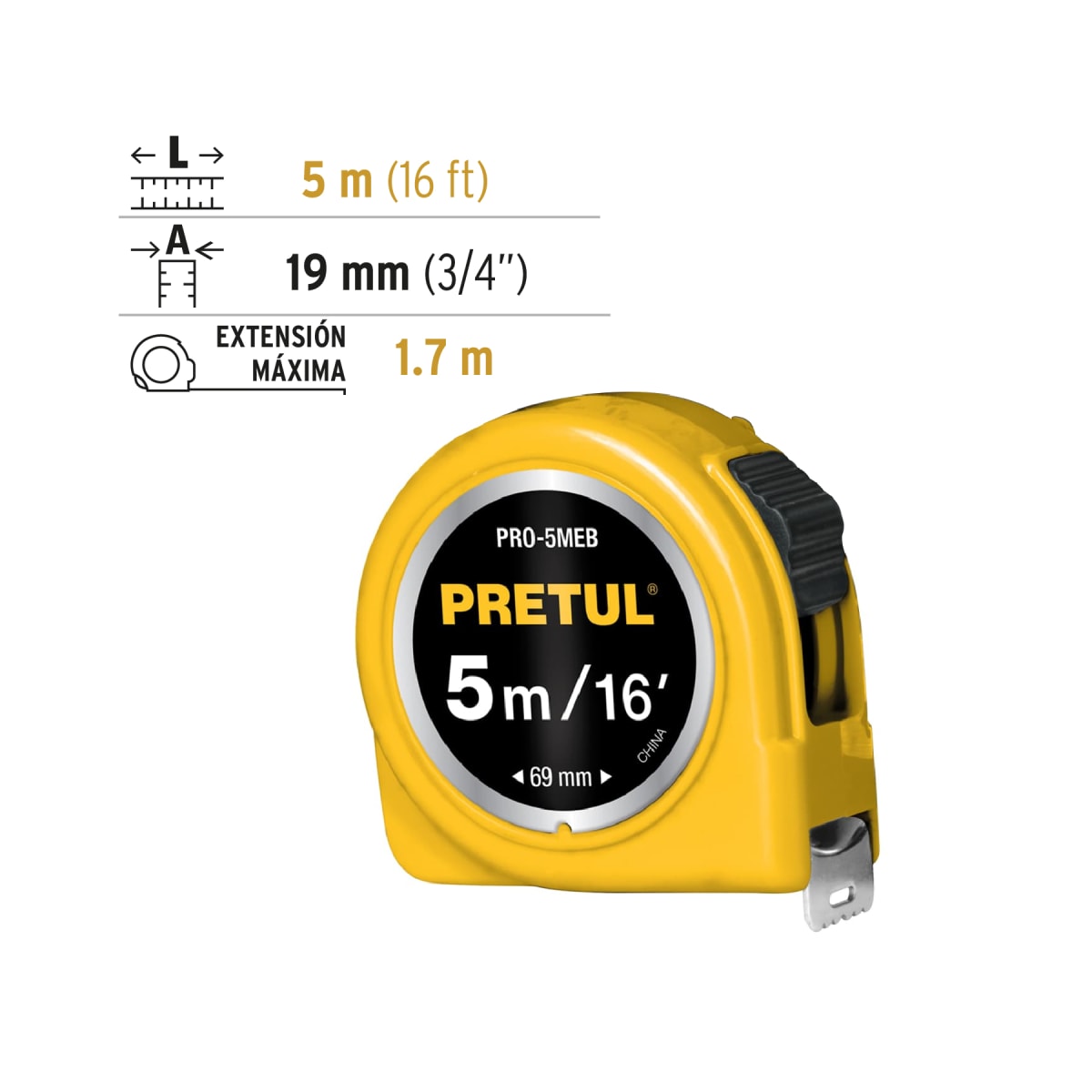 Wincha amarilla 5 m cinta 25 mm. en tarjeta. pretul3