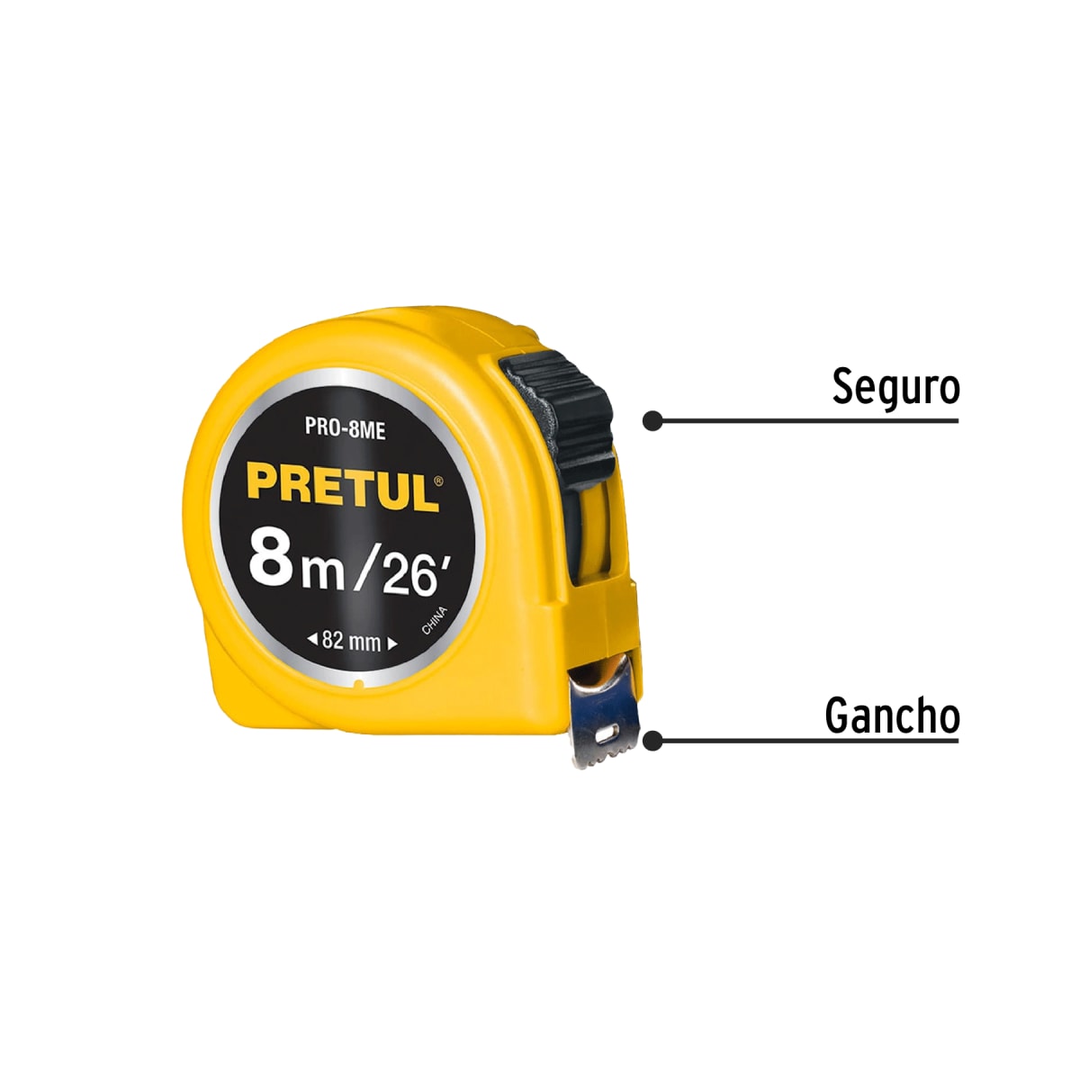 Wincha amarilla 8 m cinta 25 mm. en tarjeta. pretul2