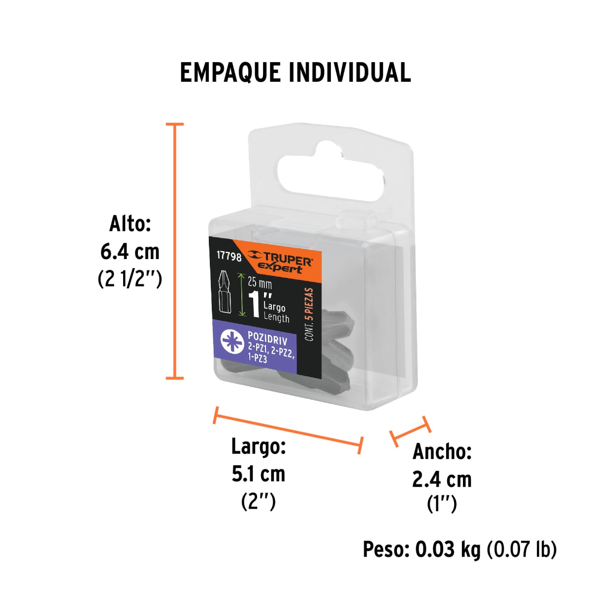 Juego de 5 puntas pozidriv combinadas largo 1'' Truper Expert6