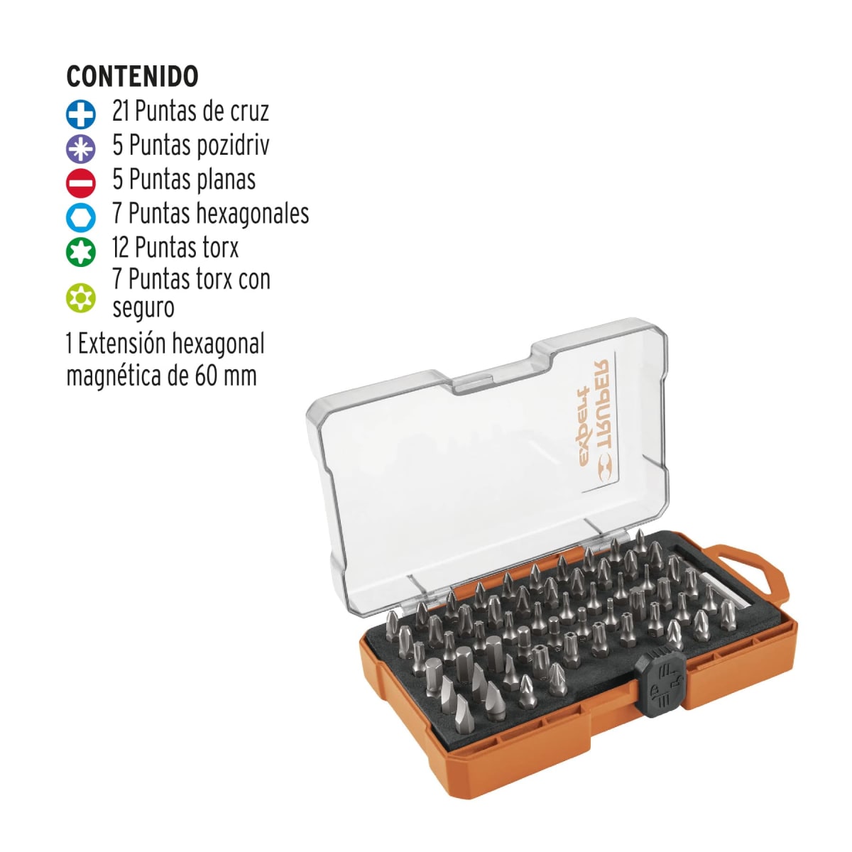 Juego de 58 puntas mixtas largo 1'' estuche plástico, Expert Truper2