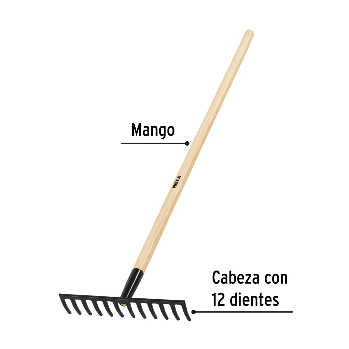 Rastrillo recto de 12 dientes, mango de 48´´, Pretul2