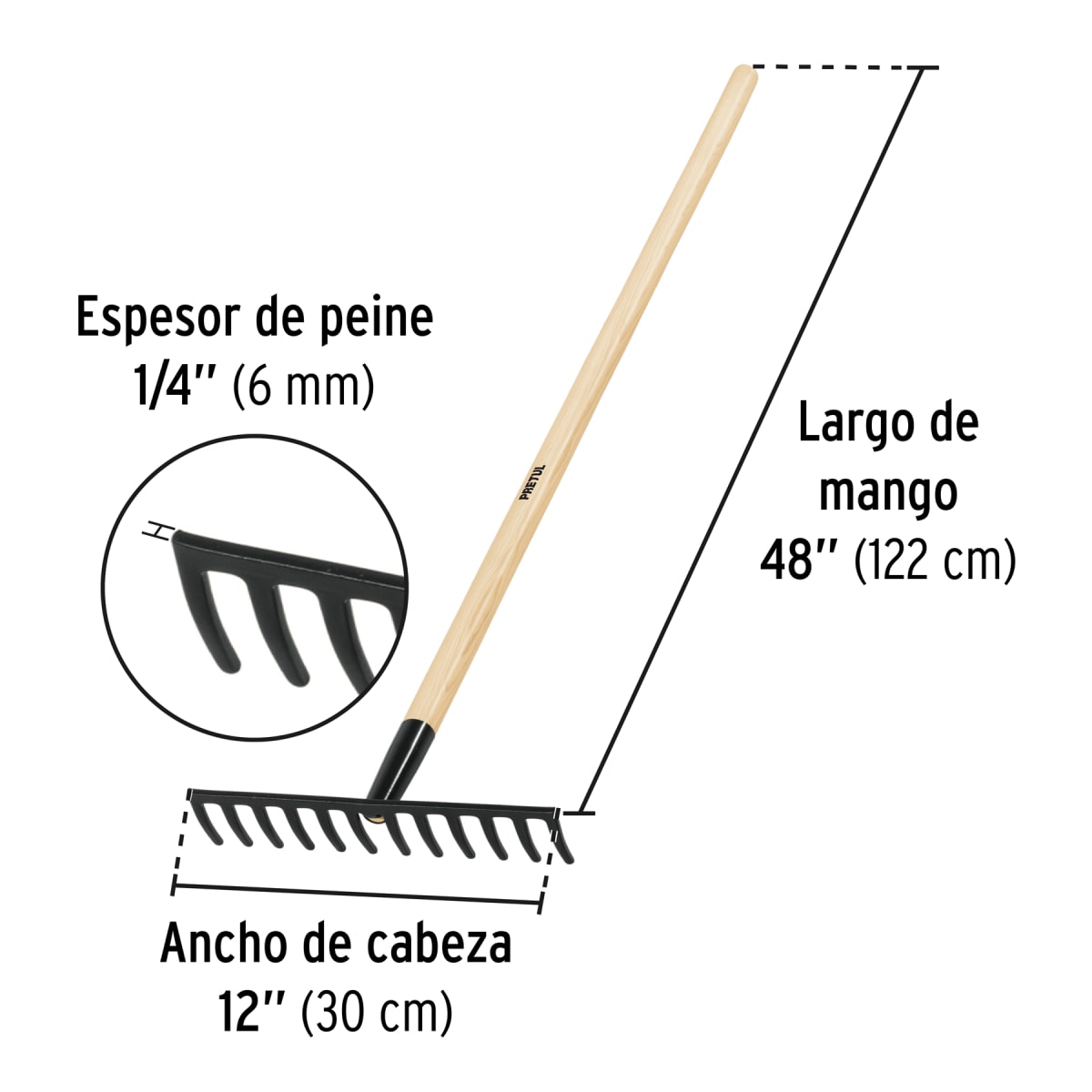 Rastrillo recto de 12 dientes, mango de 48´´, Pretul3