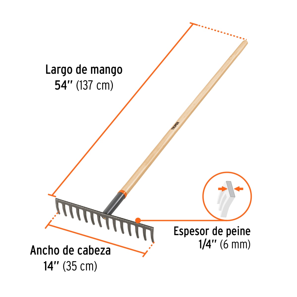 Rastrillo recto de 14 dientes. mango de 54''. truper2