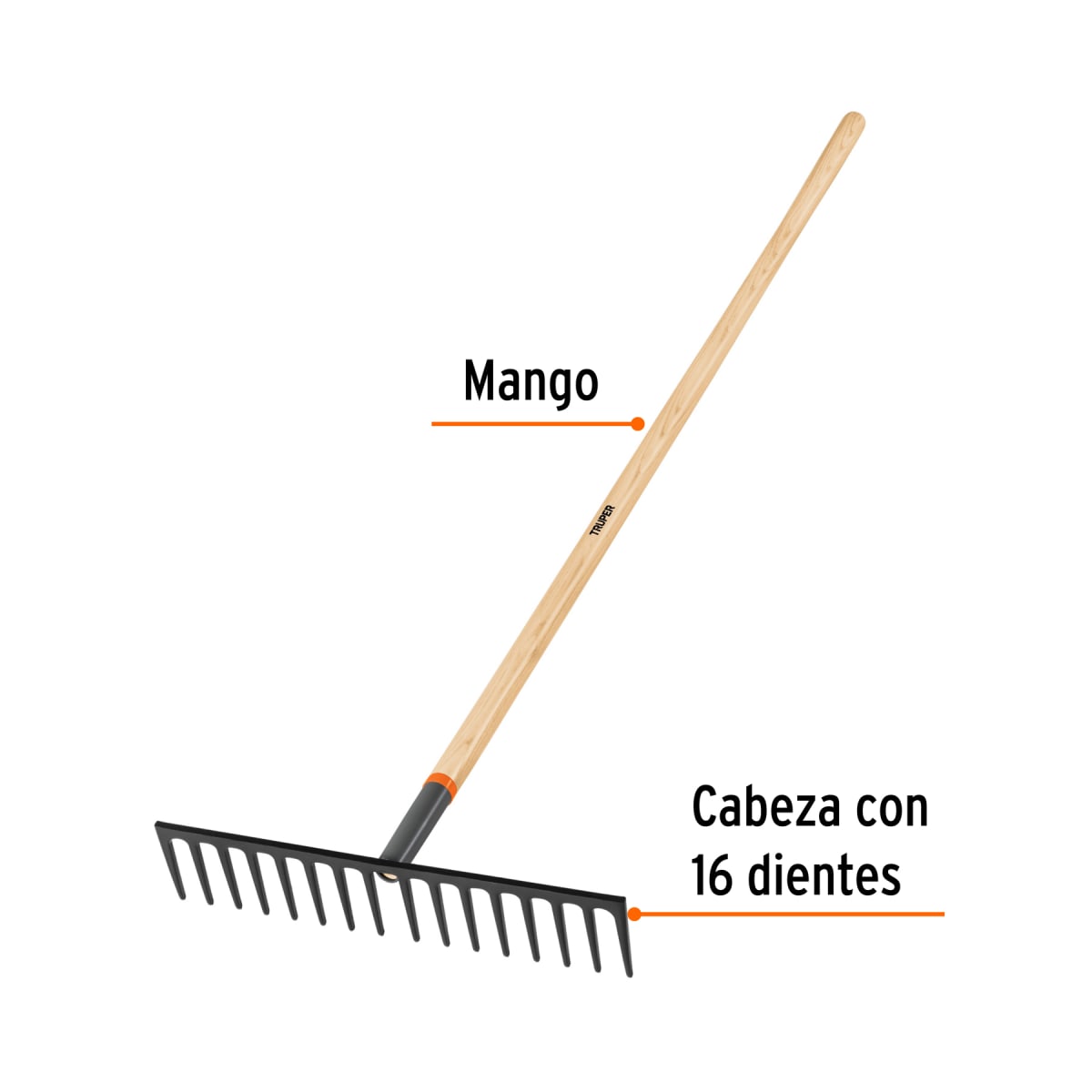 Rastrillo recto reforzado. 16 dientes. mango de 60''. truper2