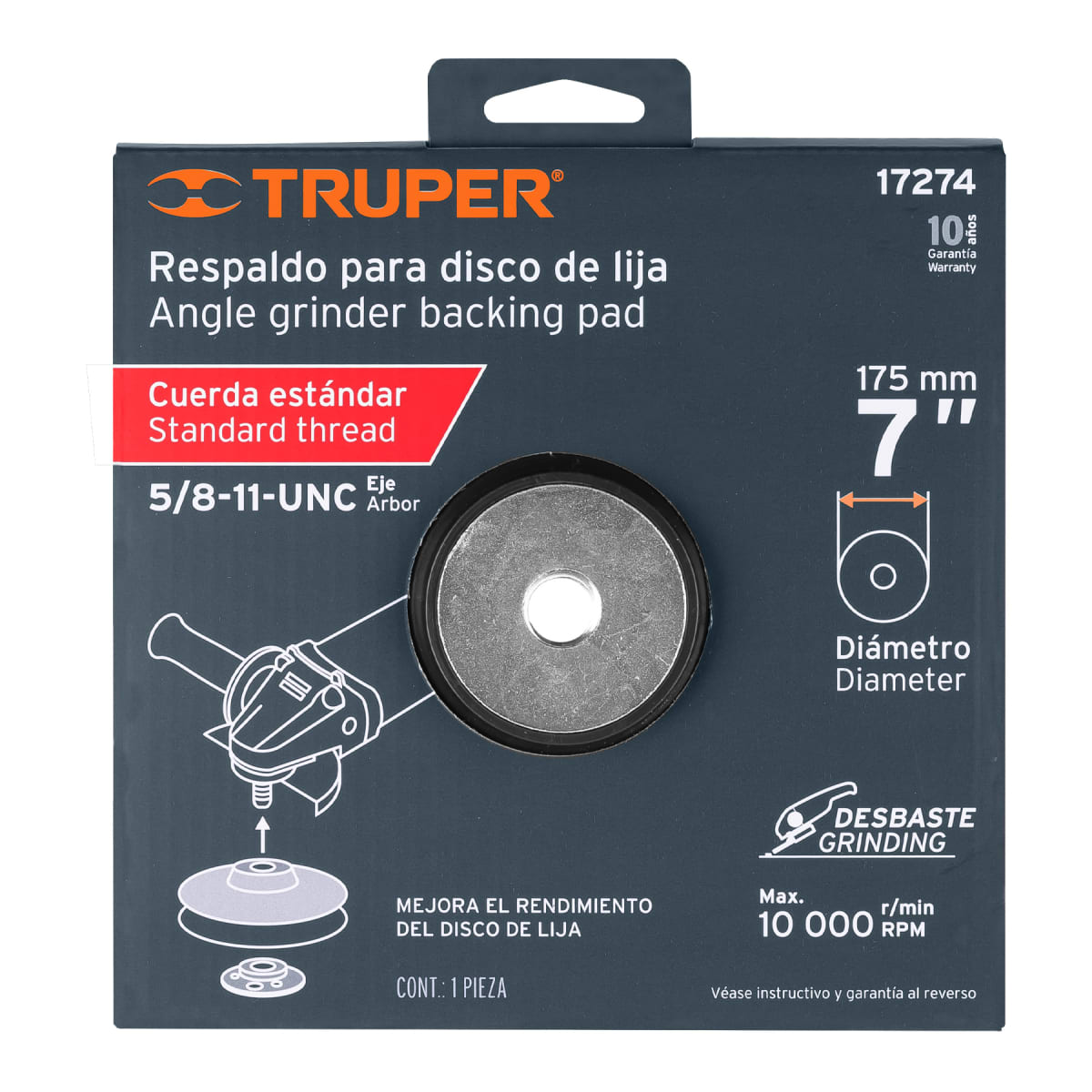 Respaldo para discos de lija 7´´, eje 5/8-11, Truper3