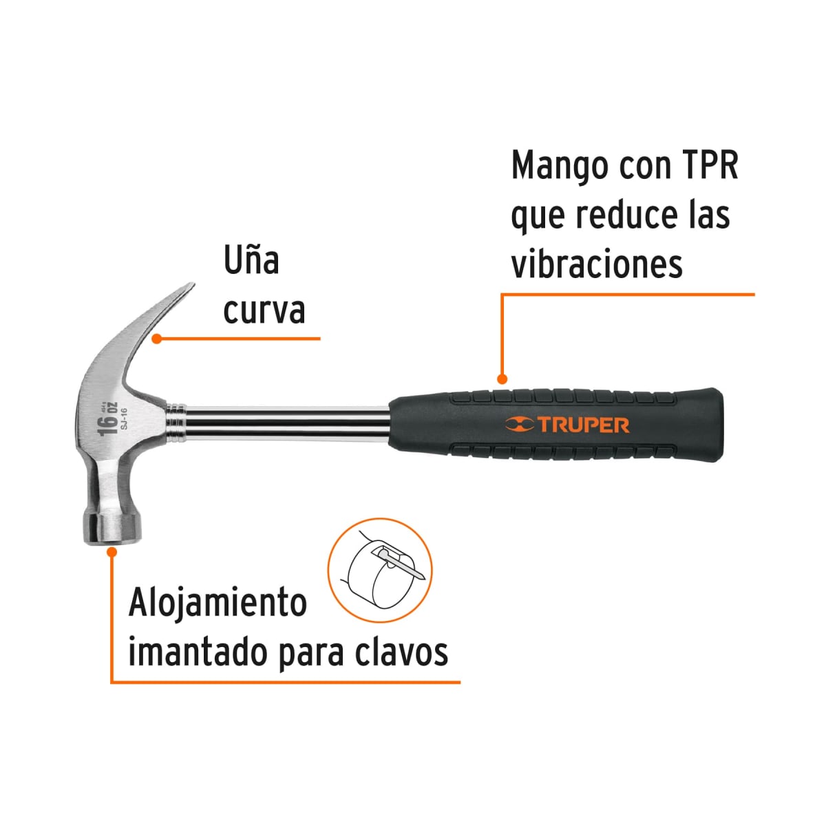 Martillo pulido 16 oz uña curva, mango tubular c/neopreno, Truper2