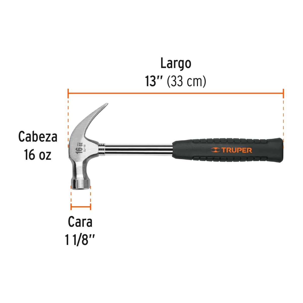 Martillo pulido 16 oz uña curva, mango tubular c/neopreno, Truper3
