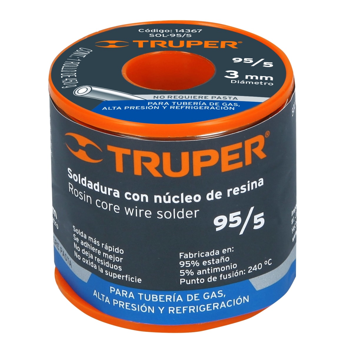 Estaño Soldadura con núcleo resina 95/5, tubería de gas, 450 g2