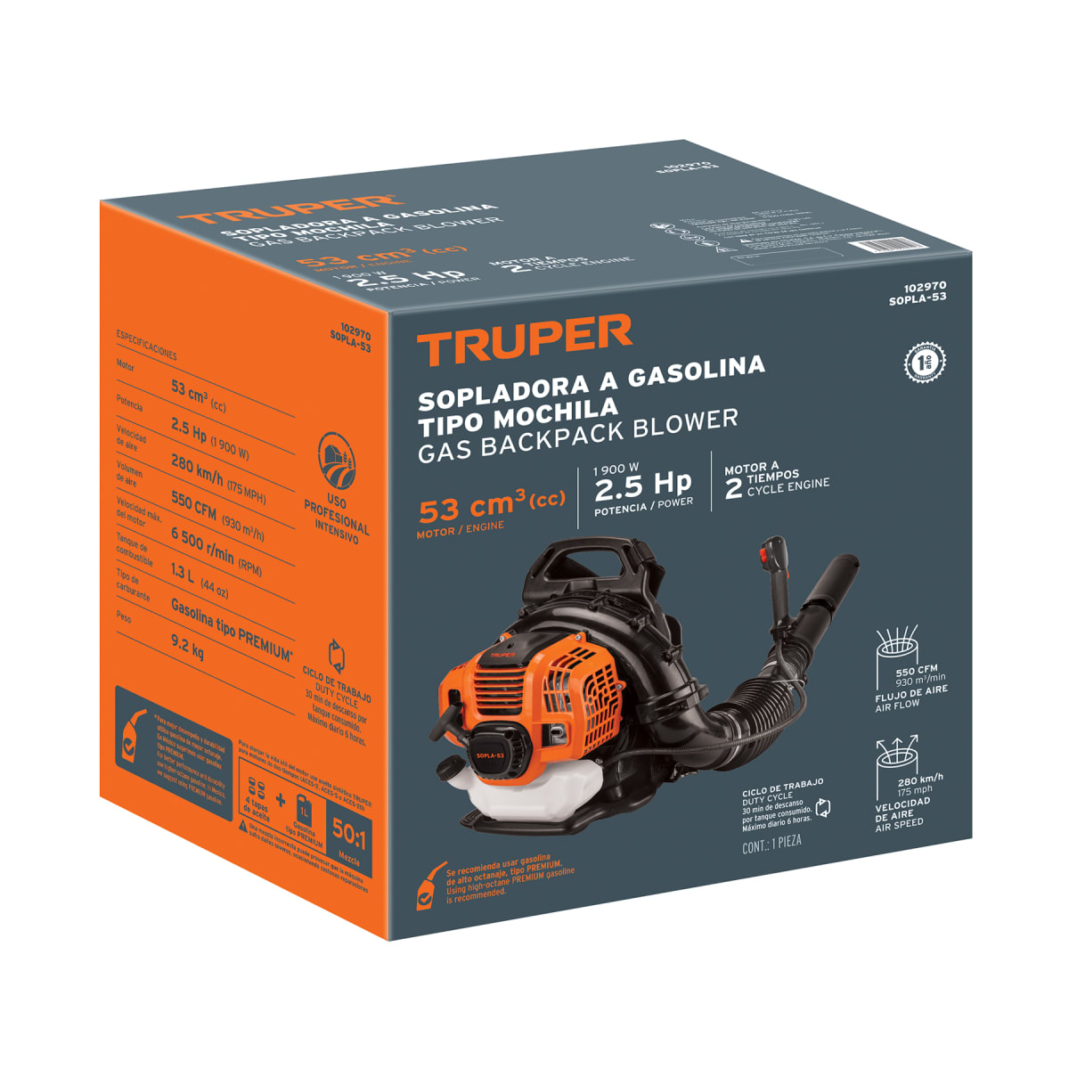 Sopladora con motor de 53cc a gasolina tipo mochila Truper5