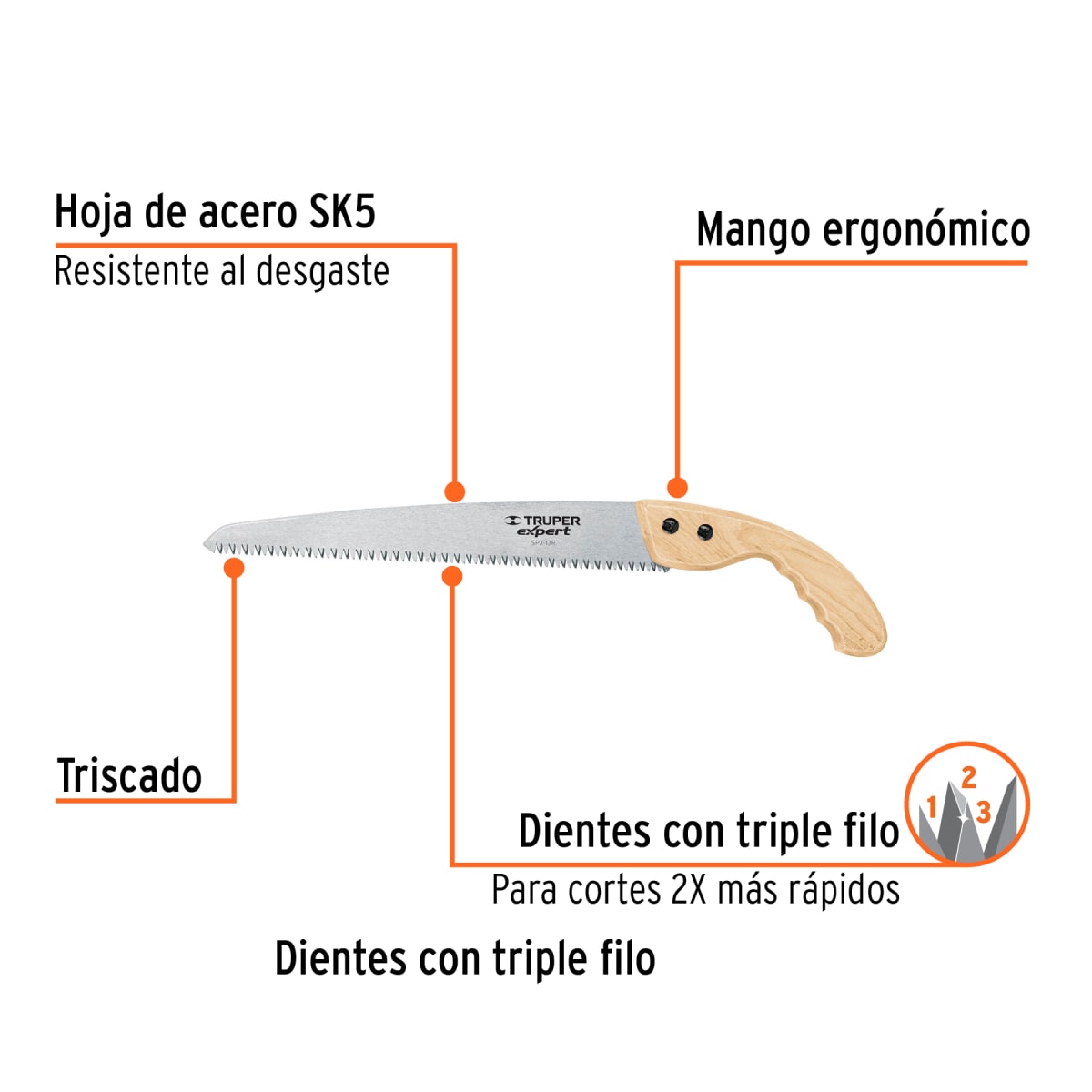 Serrucho de poda 13´´, hoja recta, 7 DPP, Truper Expert2