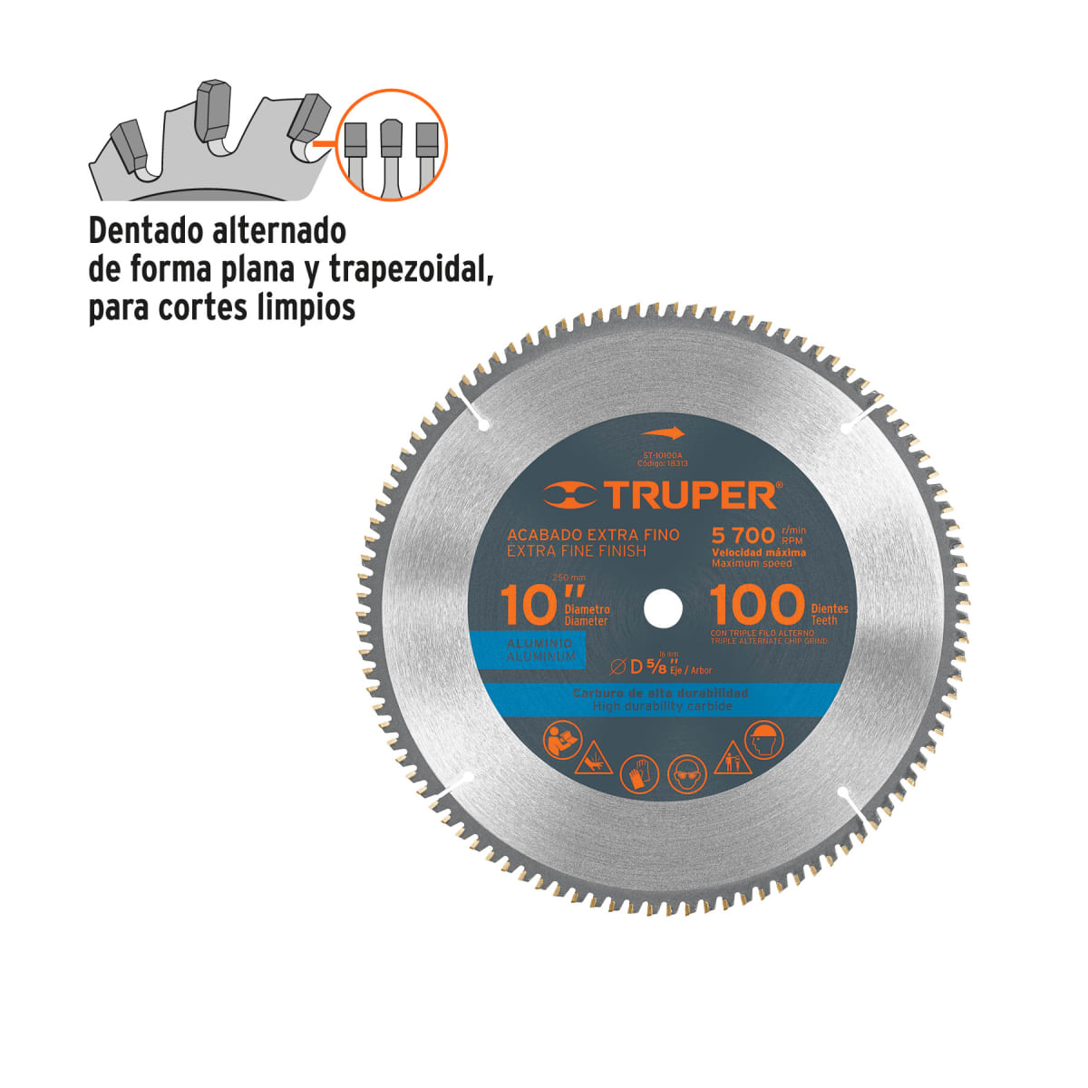 Sierra circular 10´´ para aluminio, 100 dientes centro 5/8´´ Truper2