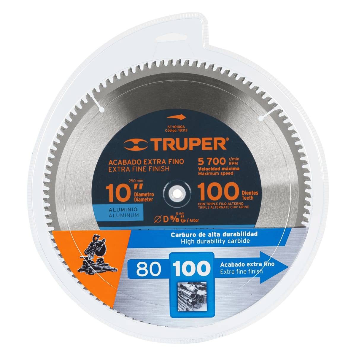 Sierra circular 10´´ para aluminio, 100 dientes centro 5/8´´ Truper4