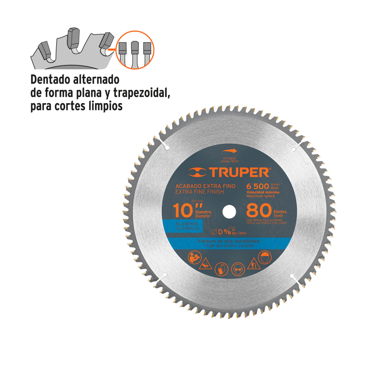Sierra circular 10´´ para aluminio, 80 dientes centro 5/8´´ Truper2