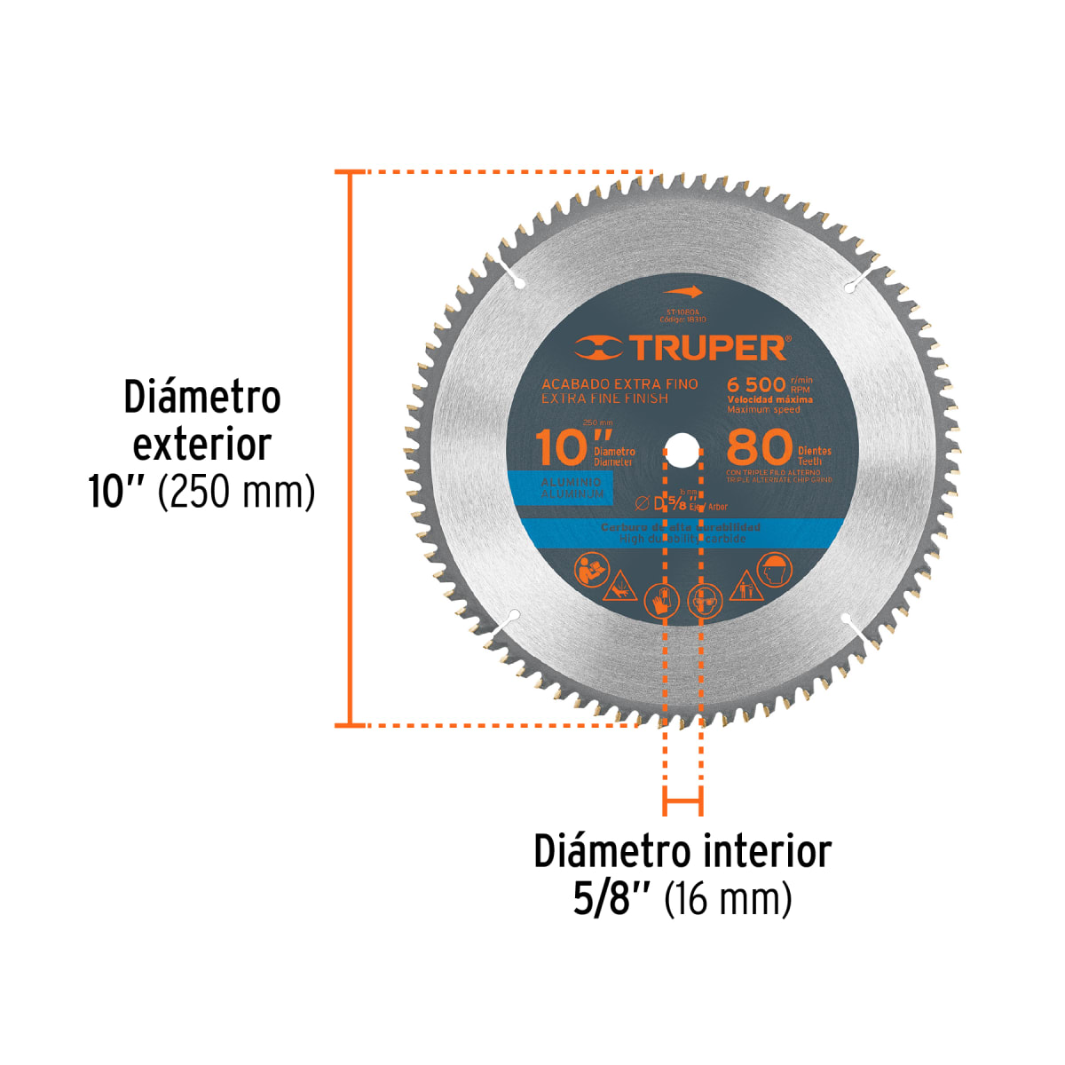 Sierra circular 10´´ para aluminio, 80 dientes centro 5/8´´ Truper3