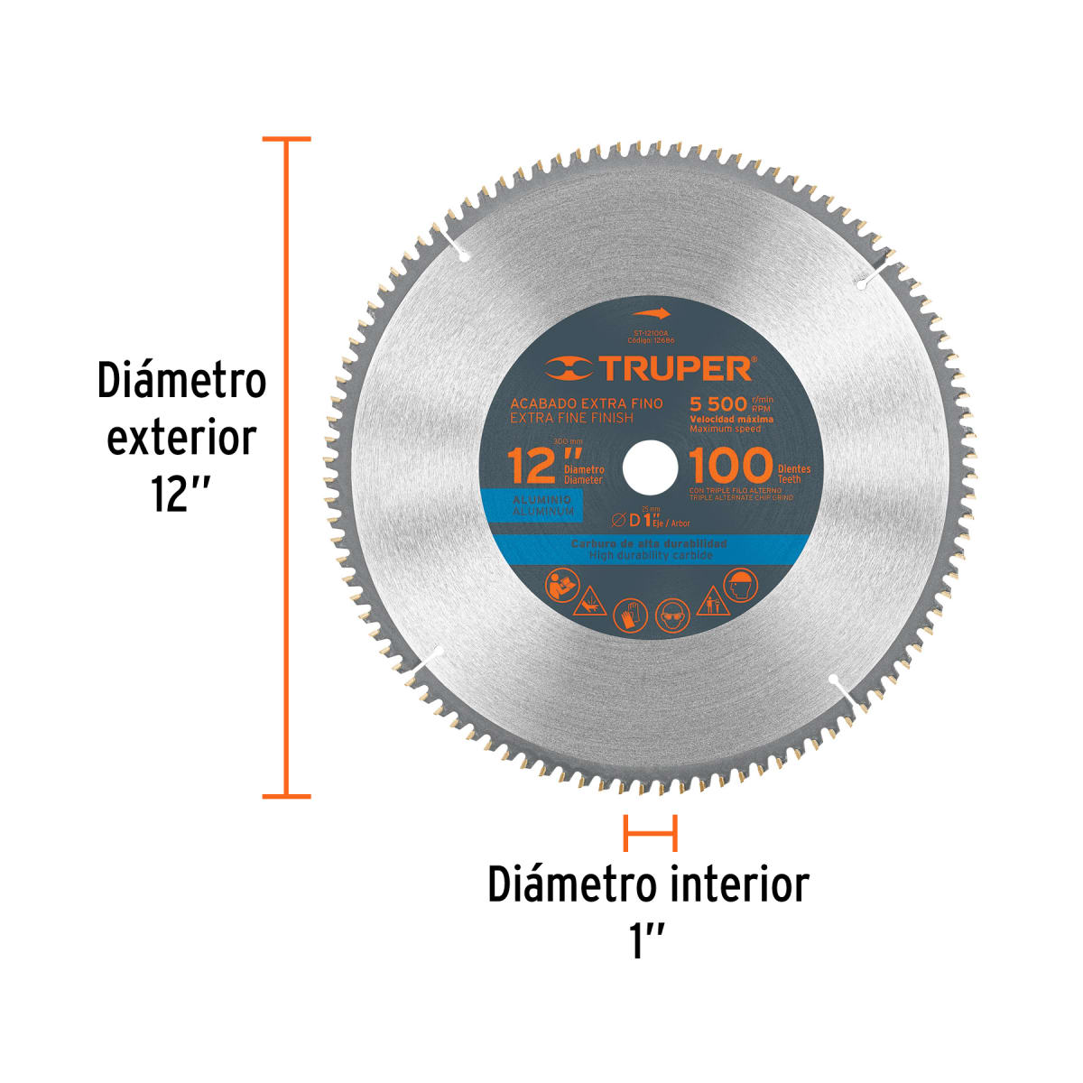 Sierra circular 12´´ para aluminio, 100 dientes centro 1´´ Truper3