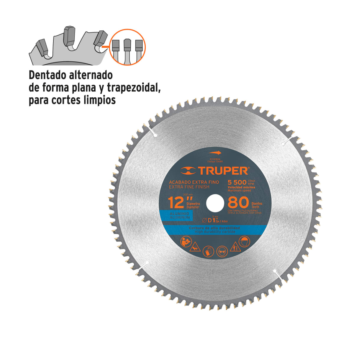 Sierra circular 12´´ para aluminio, 80 dientes centro 1´´, Truper2