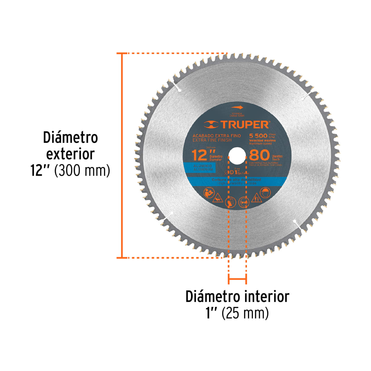 Sierra circular 12´´ para aluminio, 80 dientes centro 1´´, Truper3