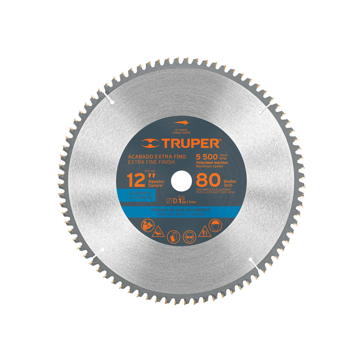 Sierra circular 12´´ para aluminio, 80 dientes centro 1´´, Truper1