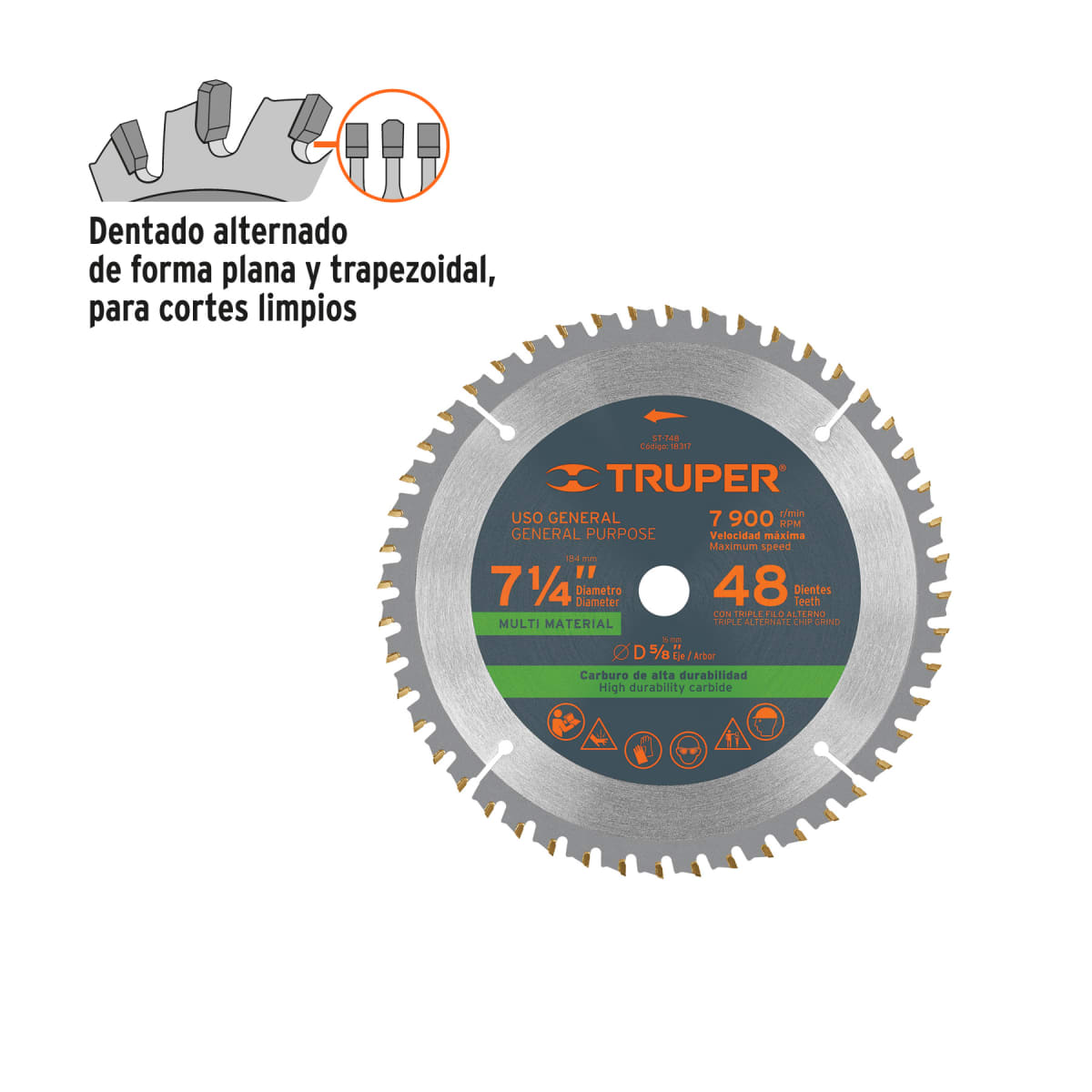 Sierra circular 7-1/4´´ multimaterial, 48 dientes centro 5/8´´ Truper2