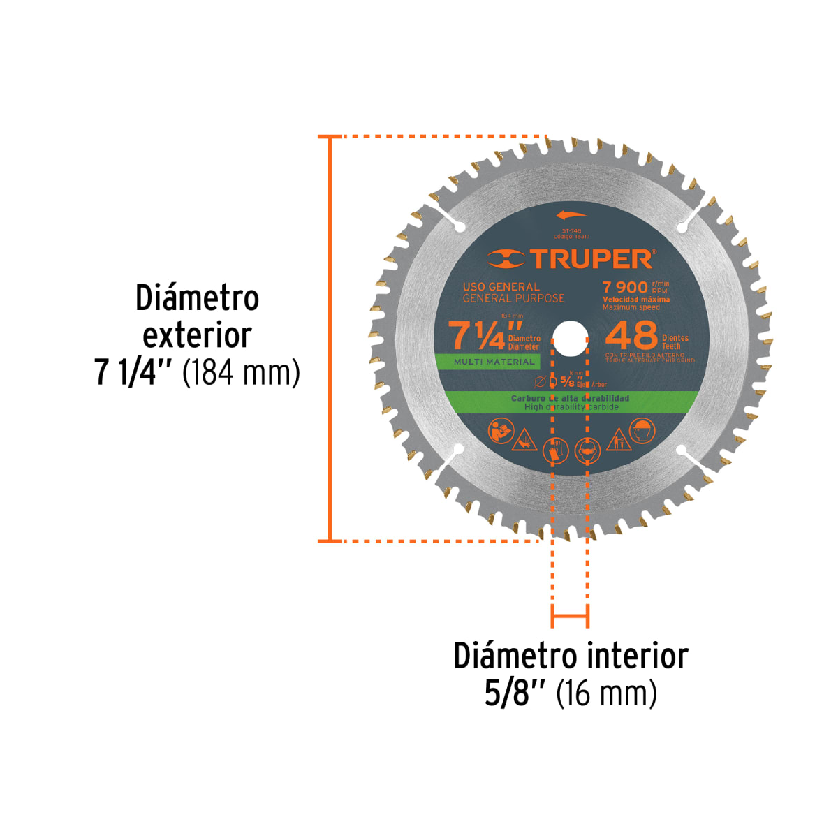 Sierra circular 7-1/4´´ multimaterial, 48 dientes centro 5/8´´ Truper3